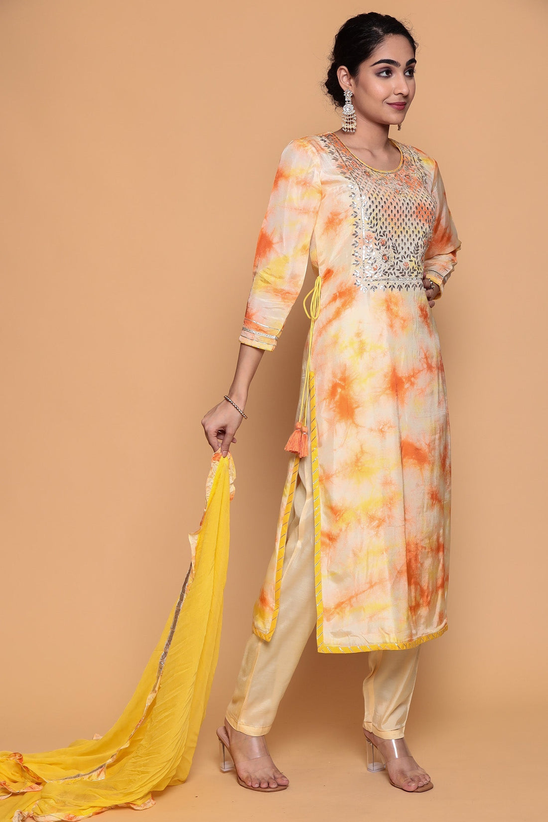 Satin silk Suit  with Gota Patti, Tie & Dye work.