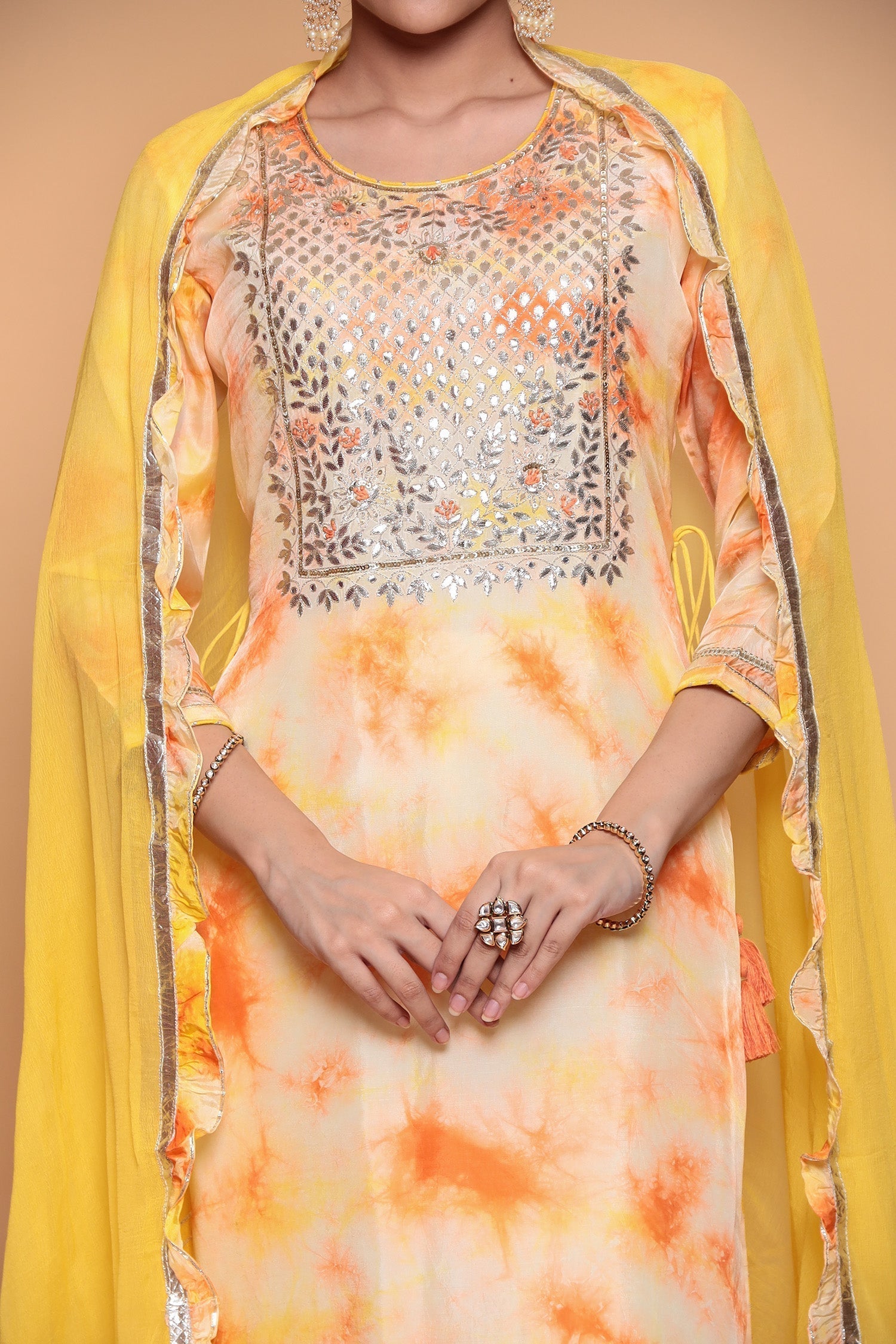 Satin silk Suit  with Gota Patti, Tie & Dye work.