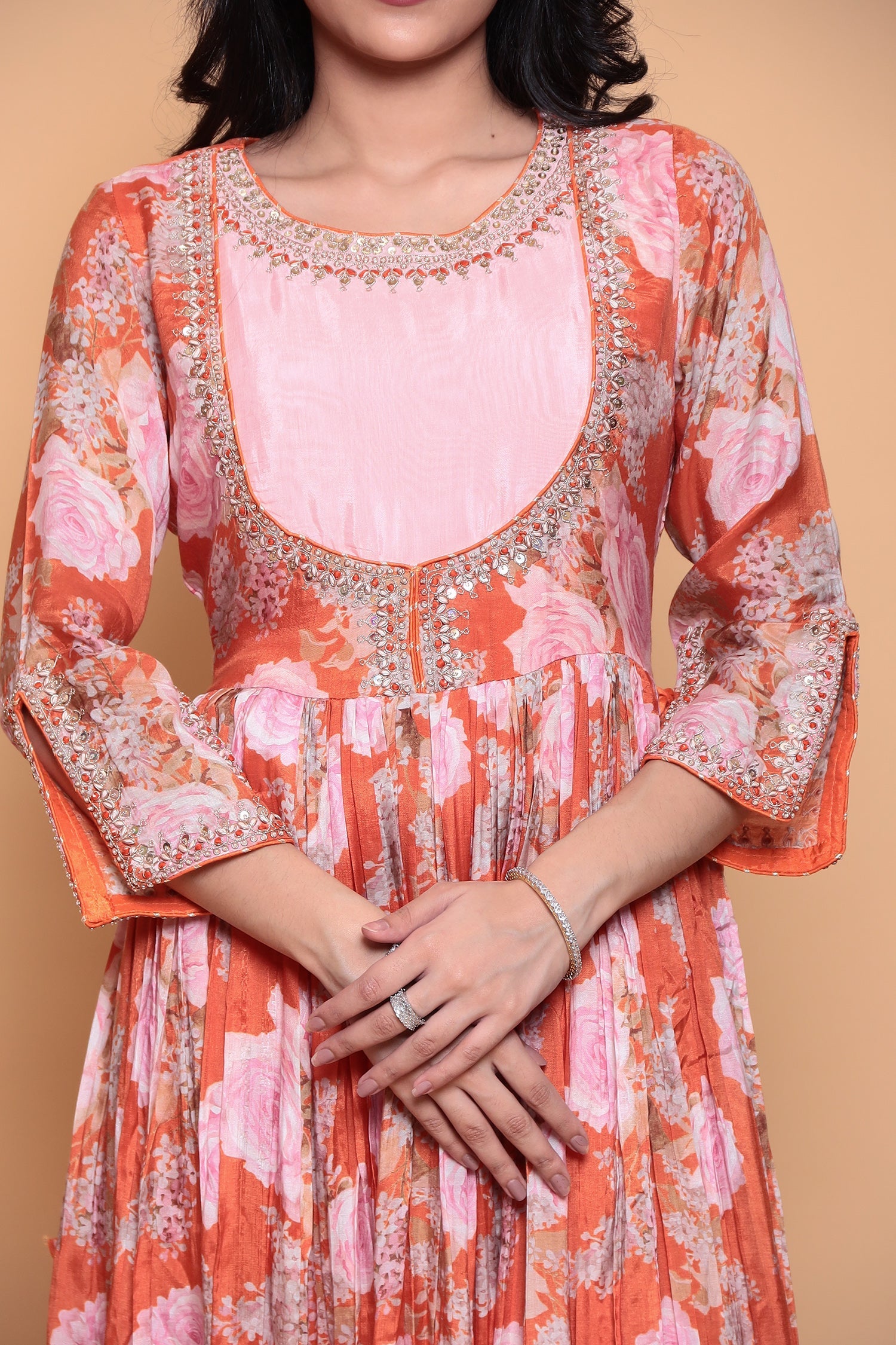 Printed Flared Anarkali Cotton silk Suit with Thread work.