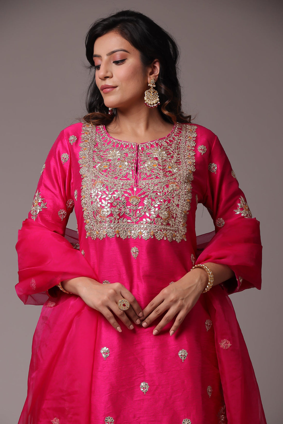 Embroidered Straight Silk Suit with Gota Patti work.