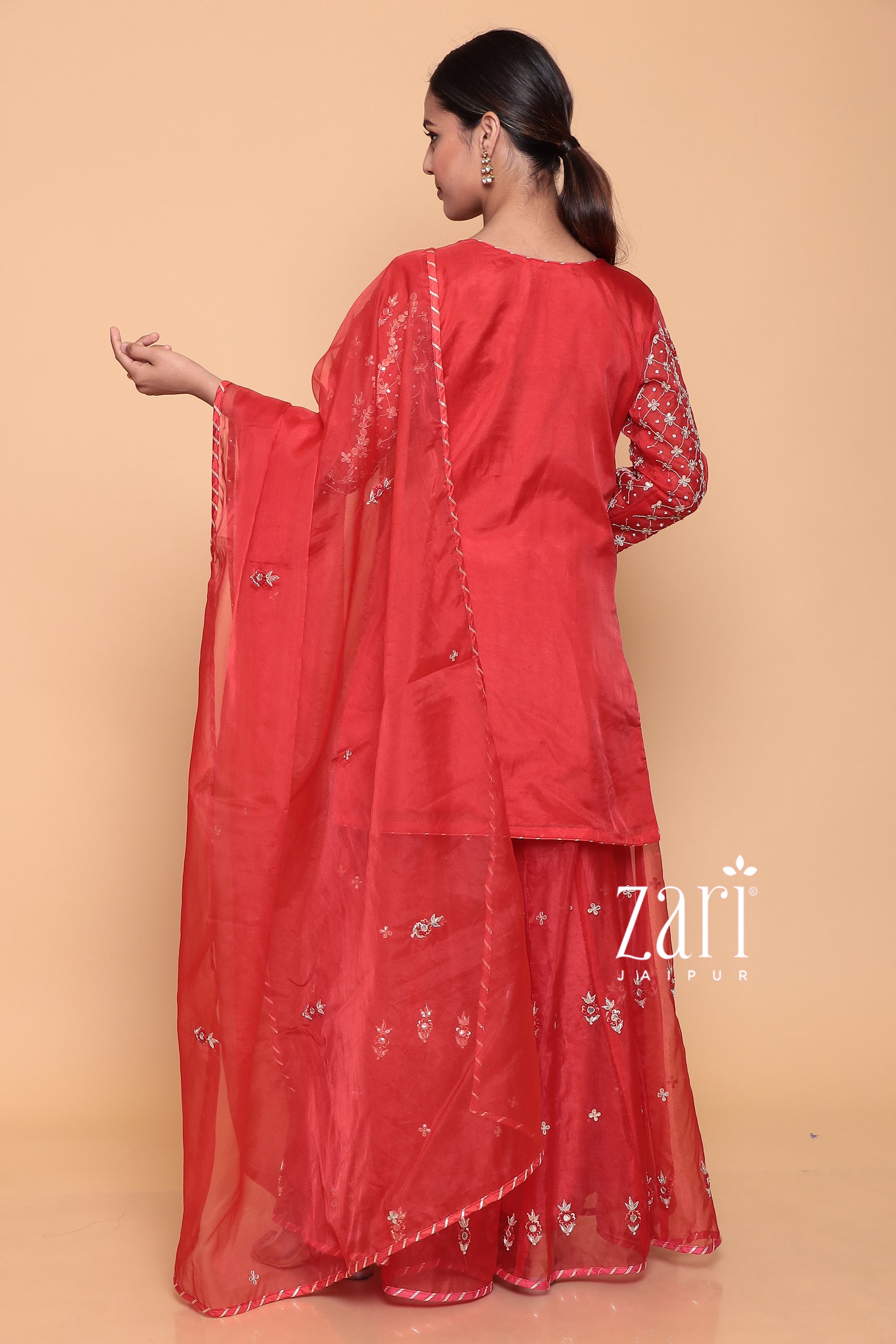 Organza Suit with Dori, Gota, Gota Patti, Sequins, Thread, Zardozi work.