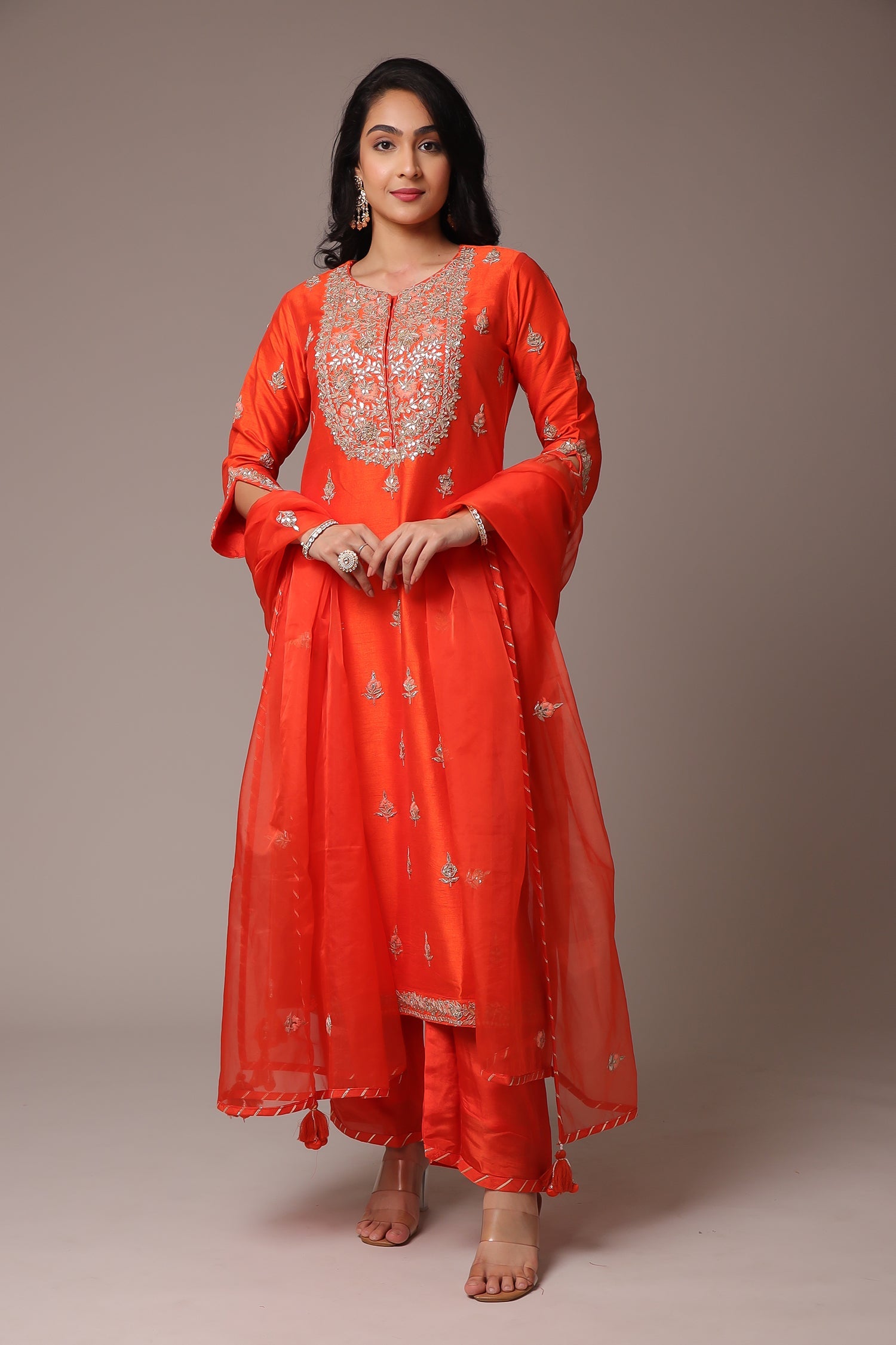 Embroidered Straight Silk Suit with Gota Patti work.