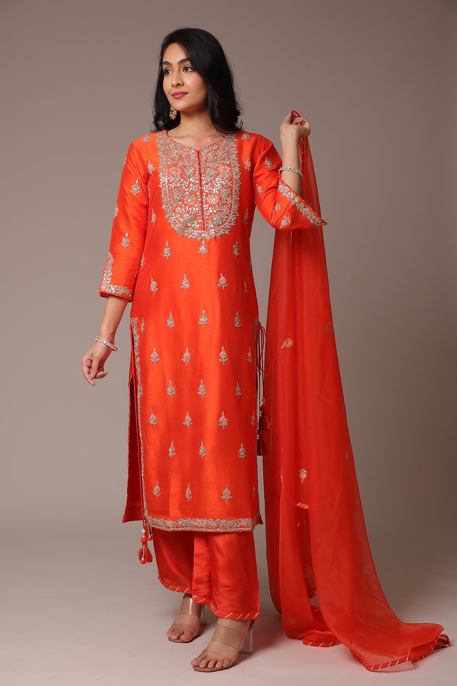Embroidered Straight Silk Suit with Gota Patti work.
