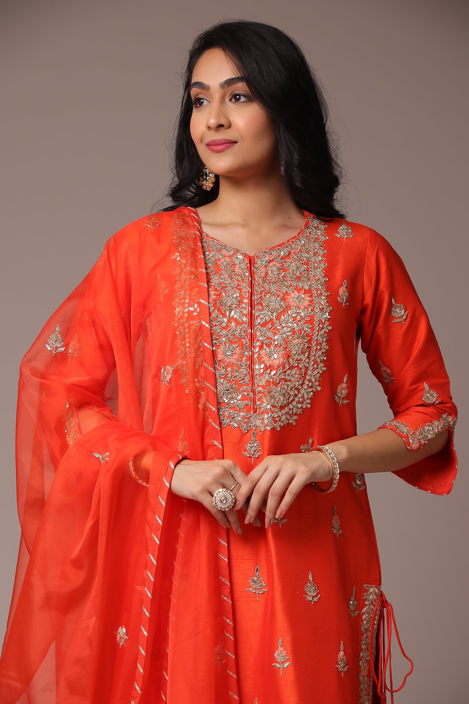 Embroidered Straight Silk Suit with Gota Patti work.