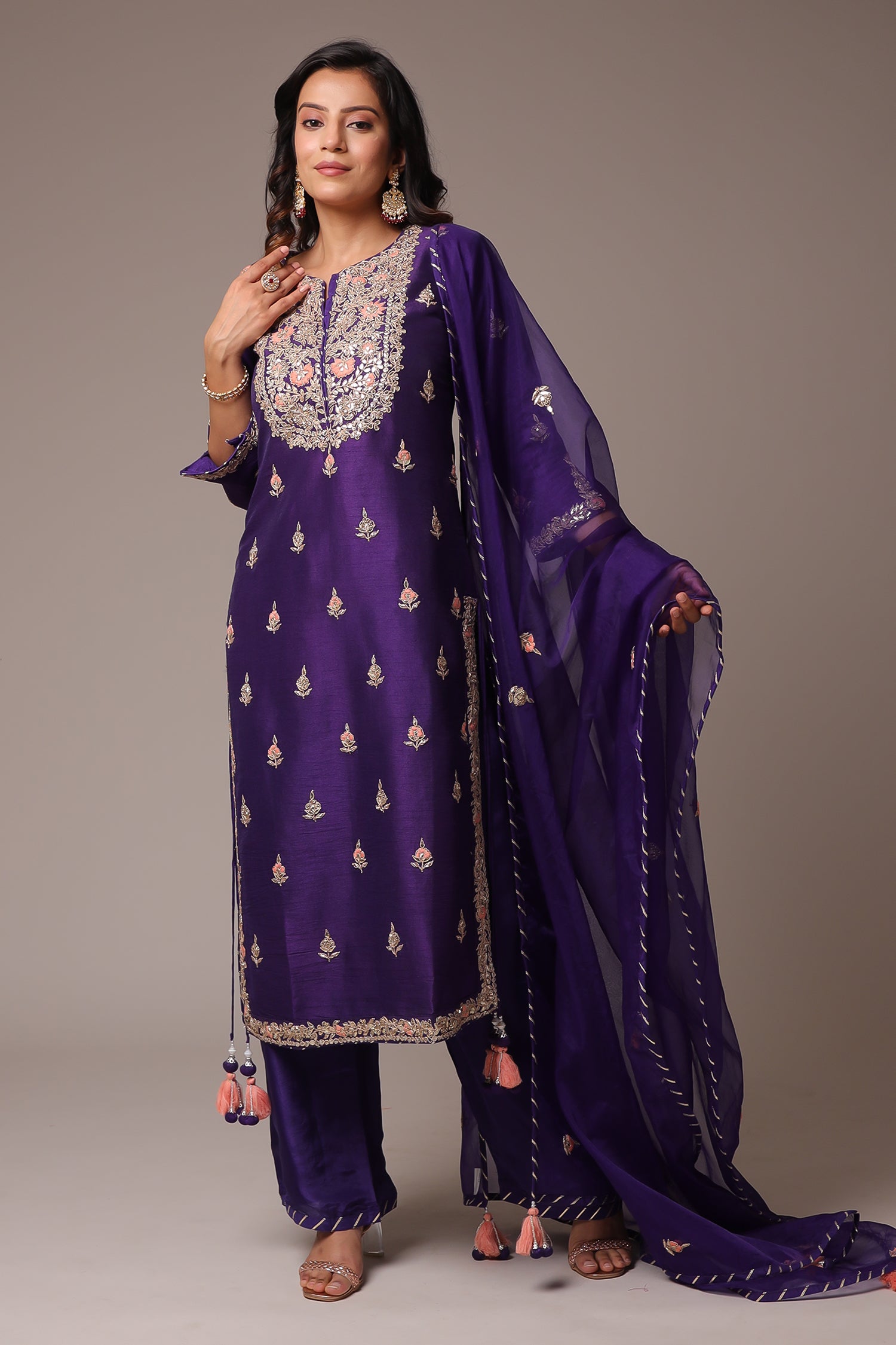 Embroidered Straight Silk Suit with Gota Patti work.