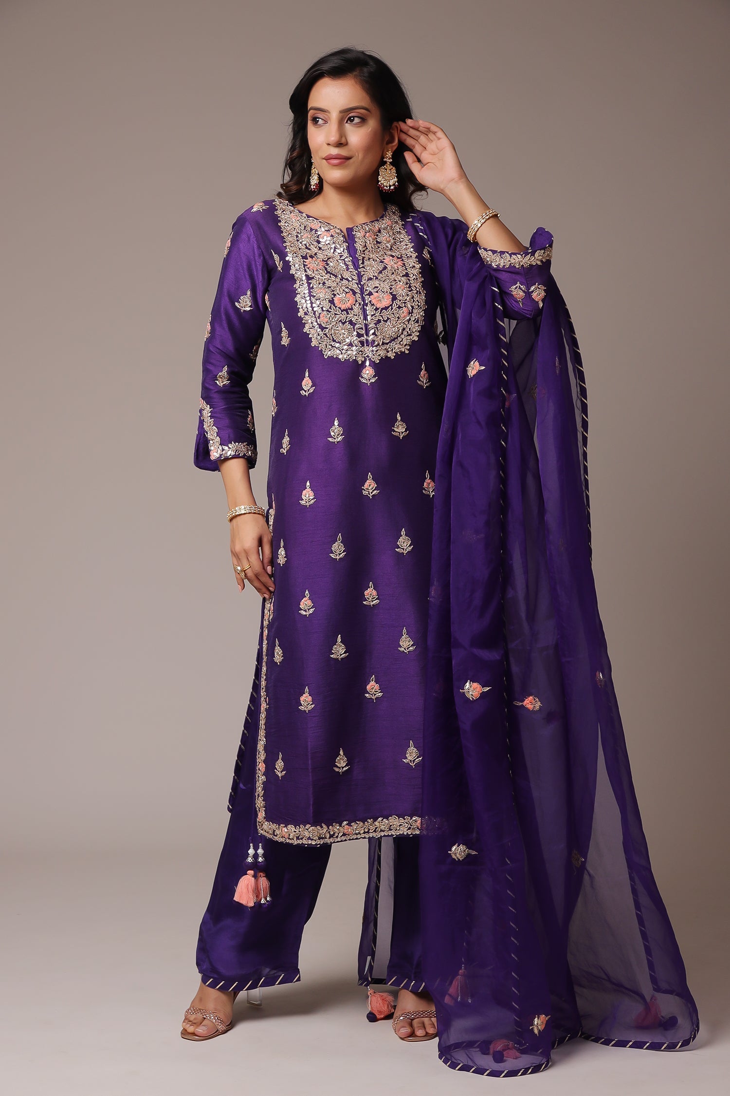 Embroidered Straight Silk Suit with Gota Patti work.