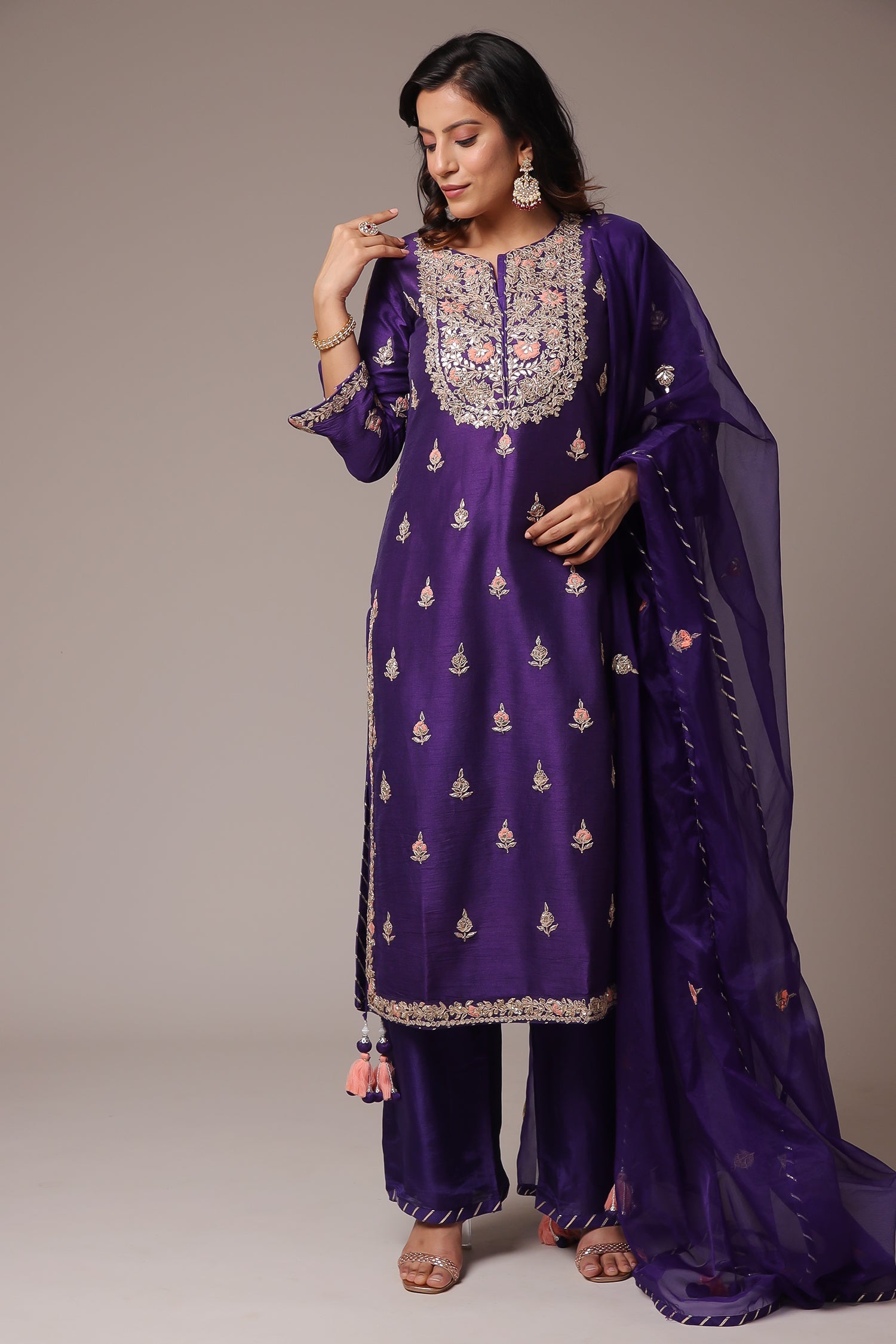 Embroidered Straight Silk Suit with Gota Patti work.