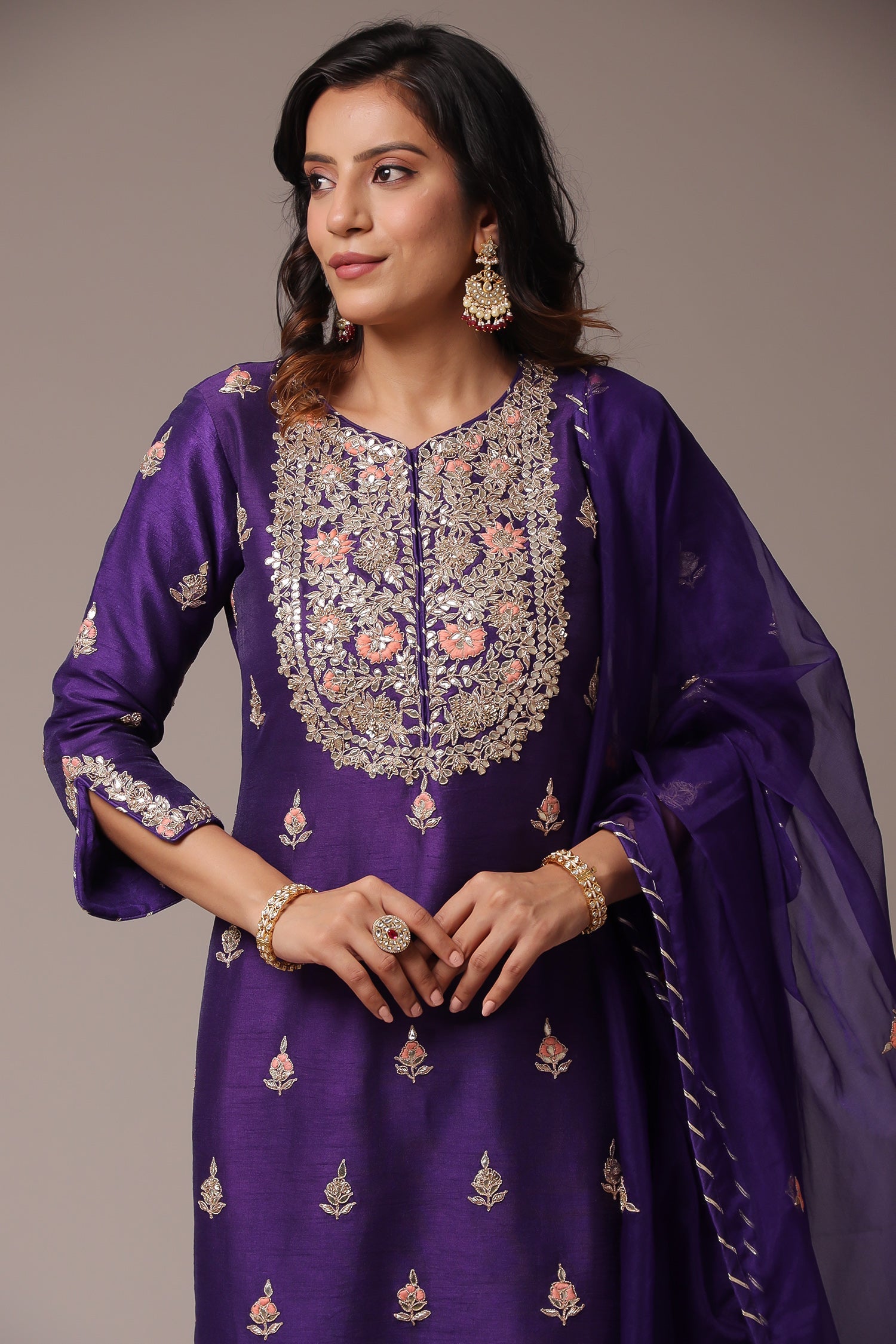 Embroidered Straight Silk Suit with Gota Patti work.