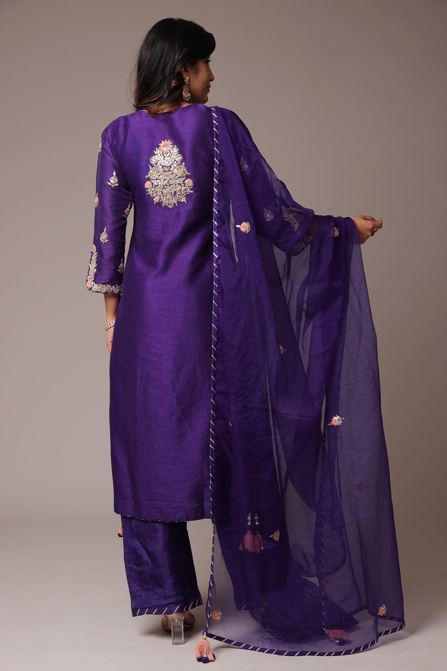 Embroidered Straight Silk Suit with Gota Patti work.