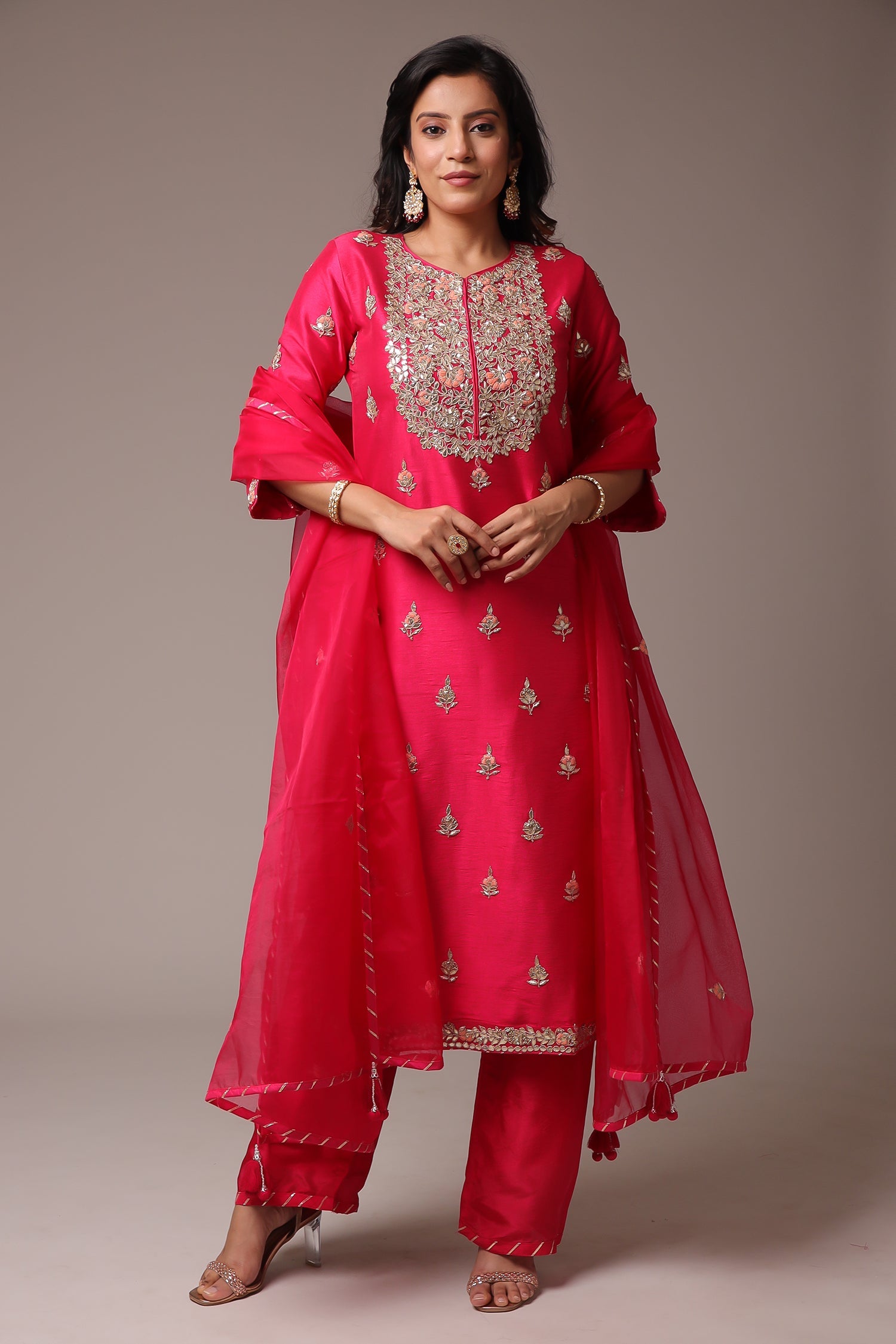 Embroidered Straight Silk Suit with Gota Patti work.