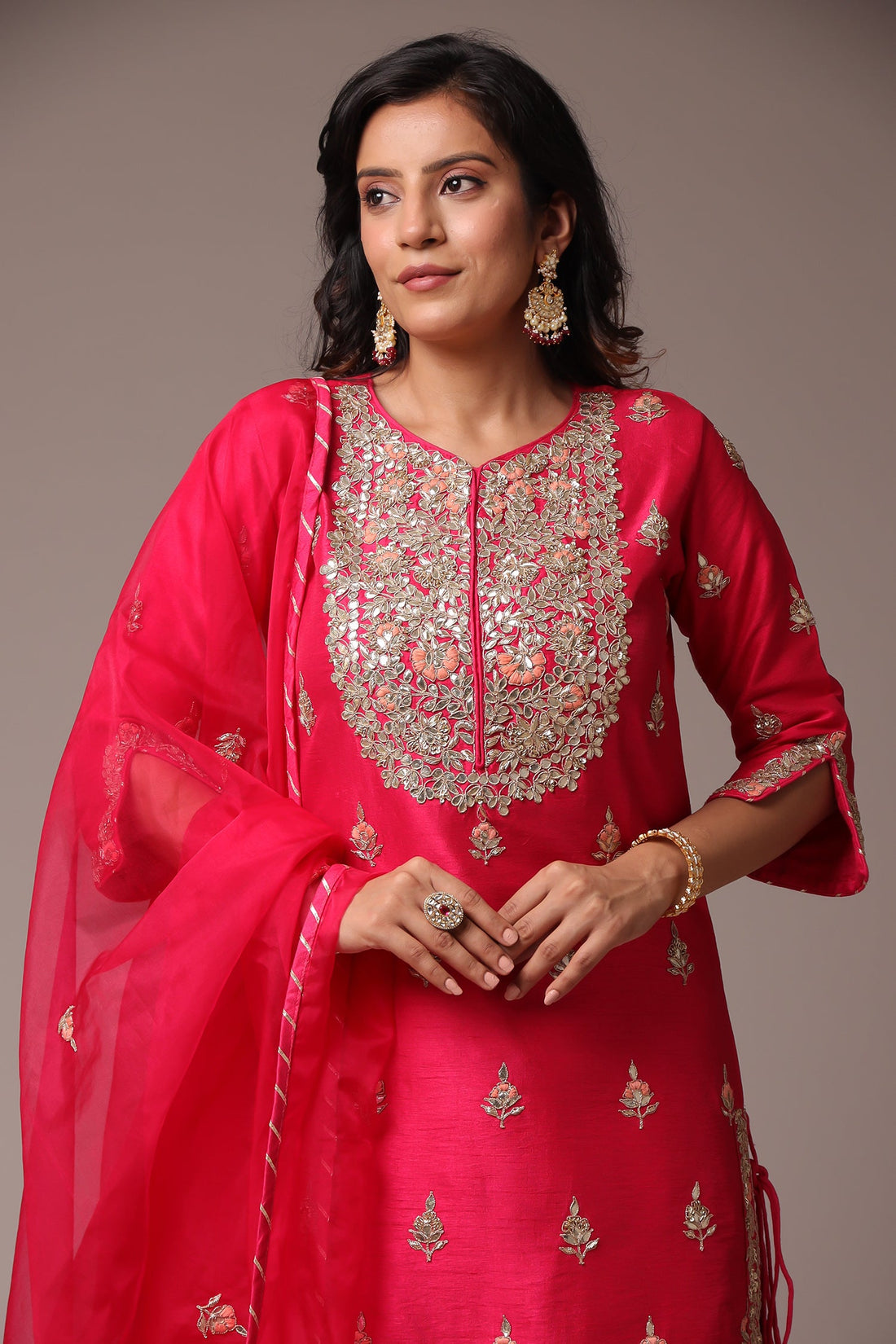 Embroidered Straight Silk Suit with Gota Patti work.