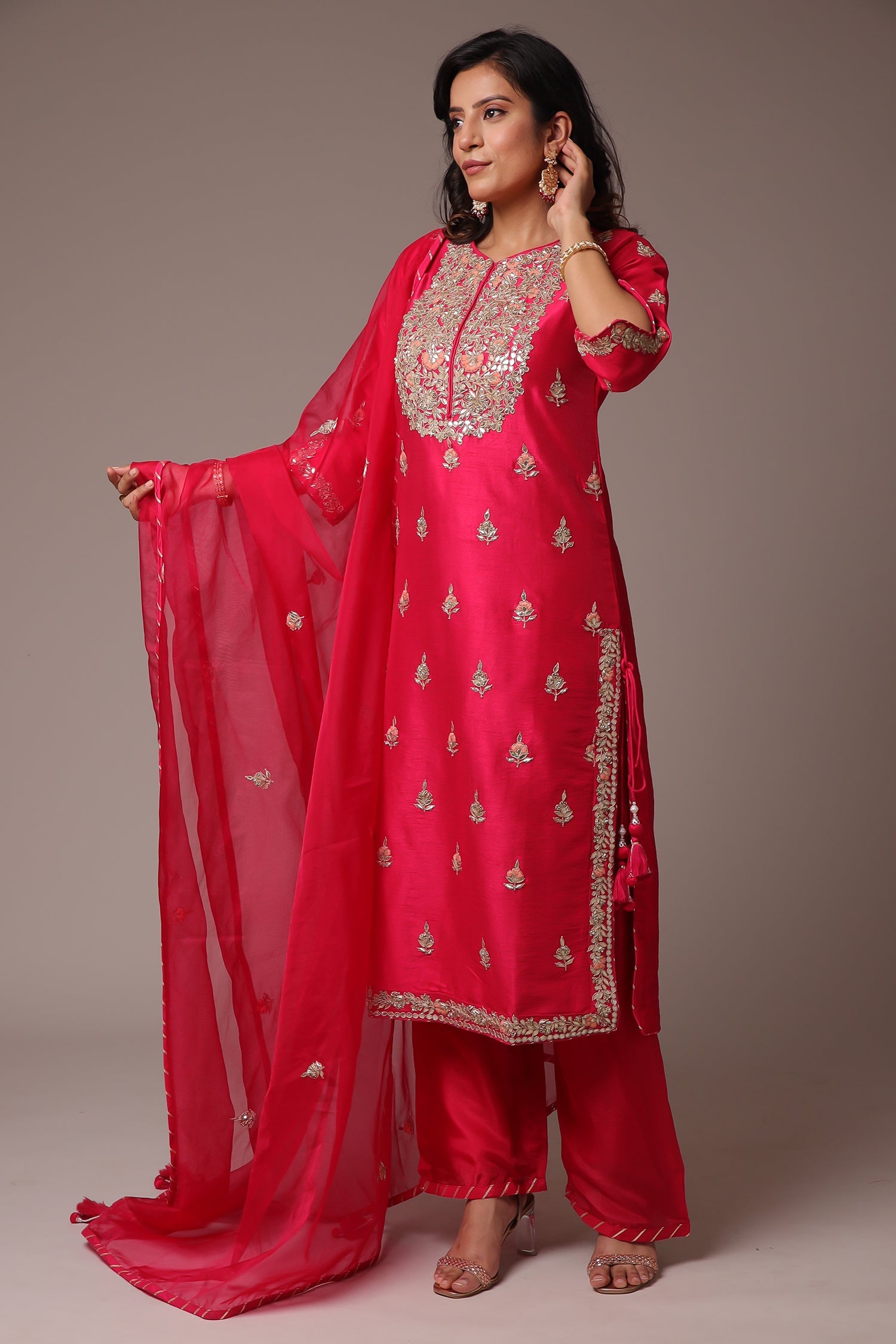 Embroidered Straight Silk Suit with Gota Patti work.