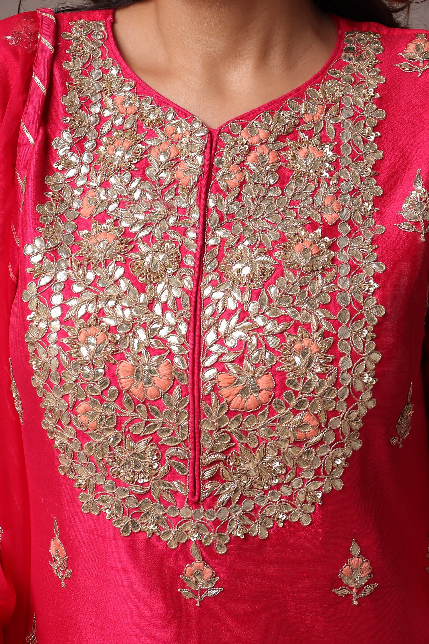 Embroidered Straight Silk Suit with Gota Patti work.