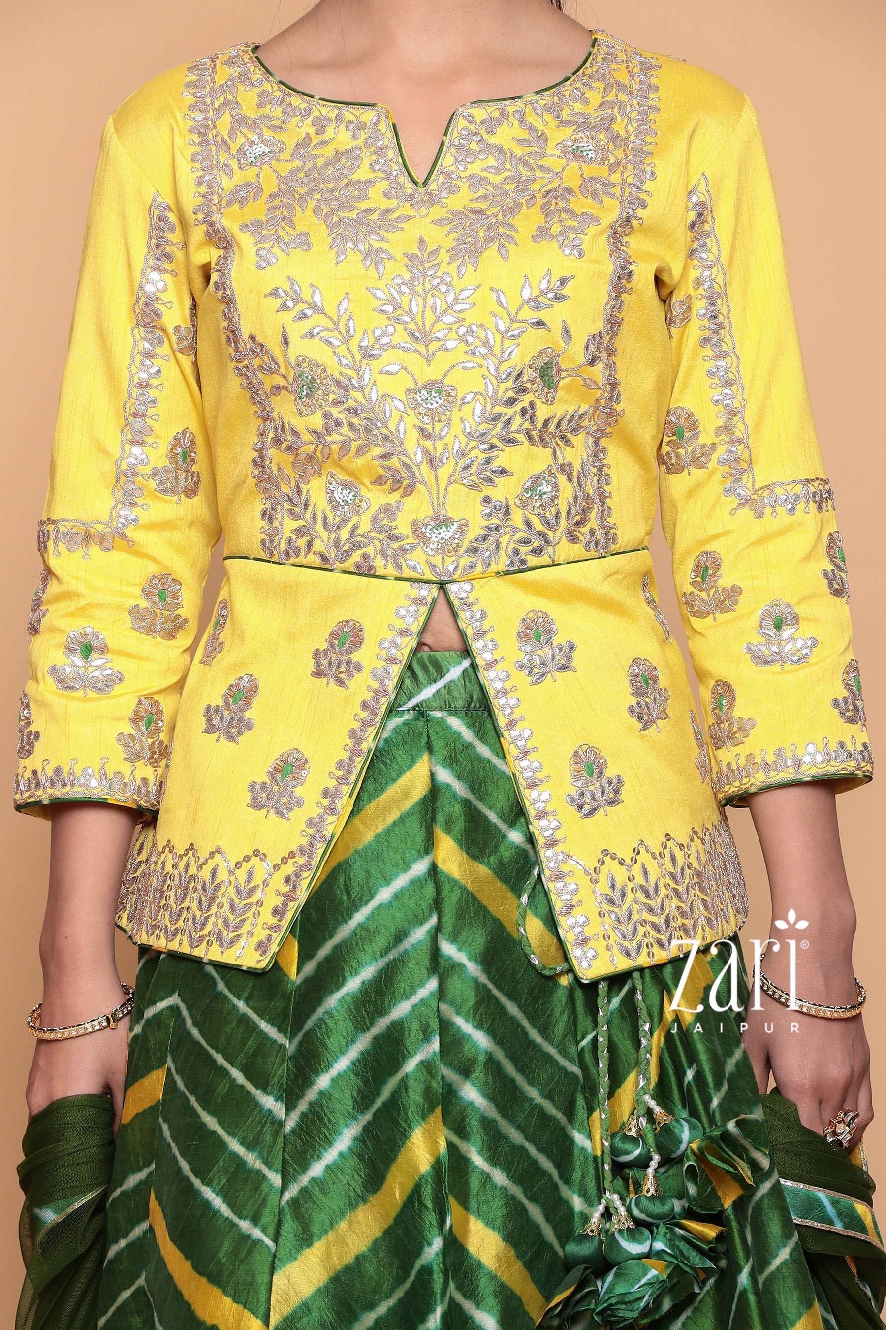 Leheriya Silk Lehenga with Dori, Gota Patti, Sequins, Thread work.