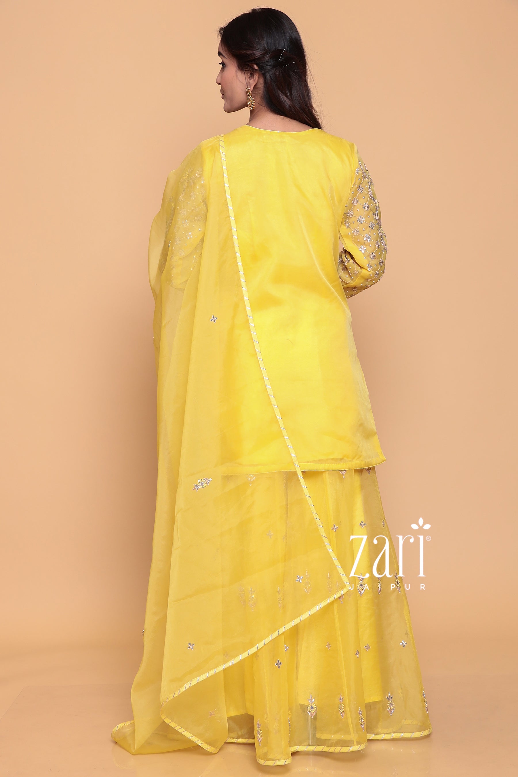 Organza Suit with Dori, Gota, Gota Patti, Sequins, Thread, Zardozi work.