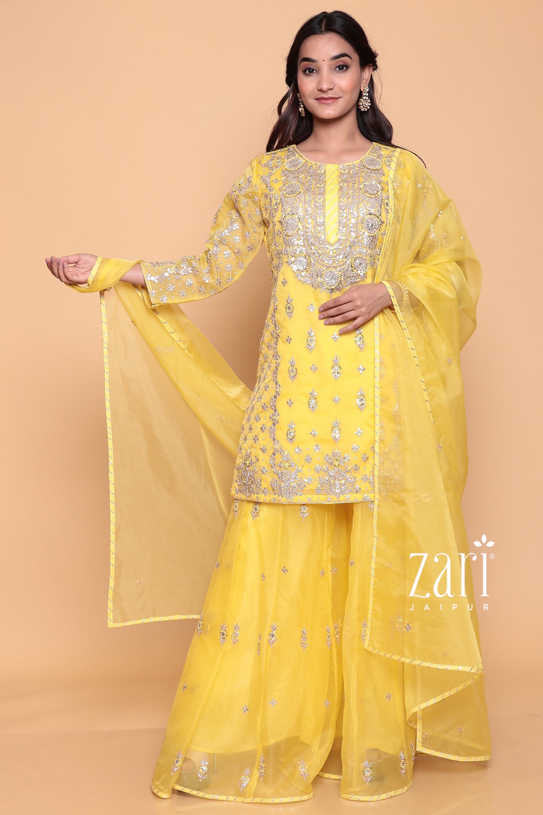 Organza Suit with Dori, Gota, Gota Patti, Sequins, Thread, Zardozi work.