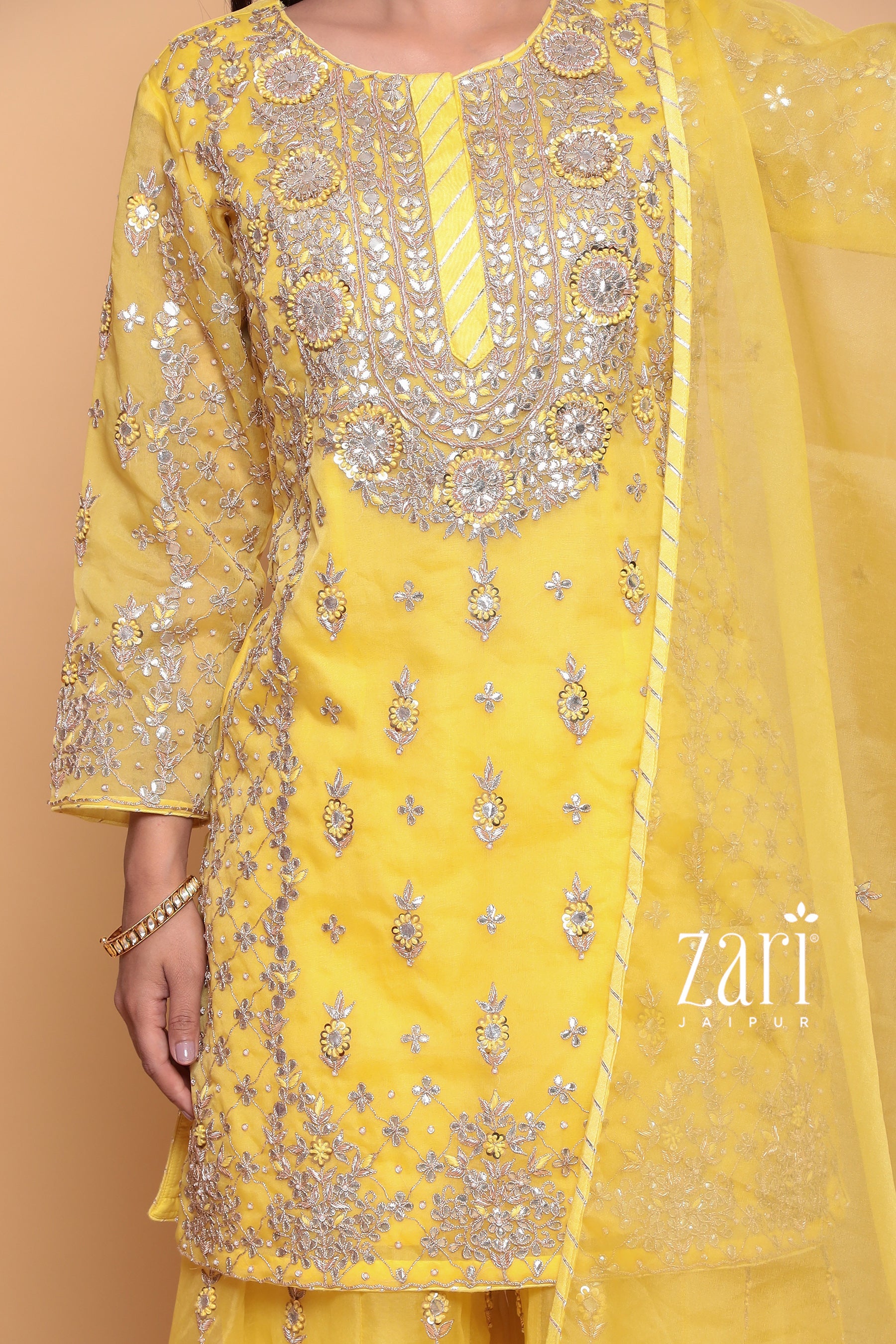 Organza Suit with Dori, Gota, Gota Patti, Sequins, Thread, Zardozi work.