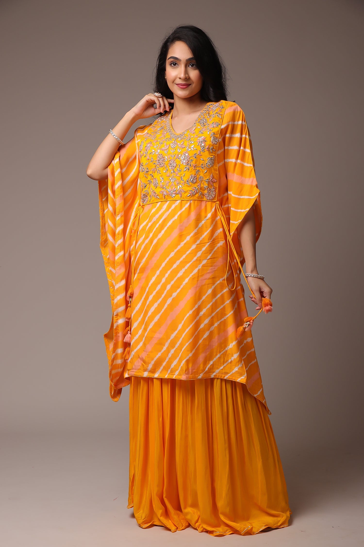 Embroidered Leheriya Silk Kaftan with Gota Patti work.