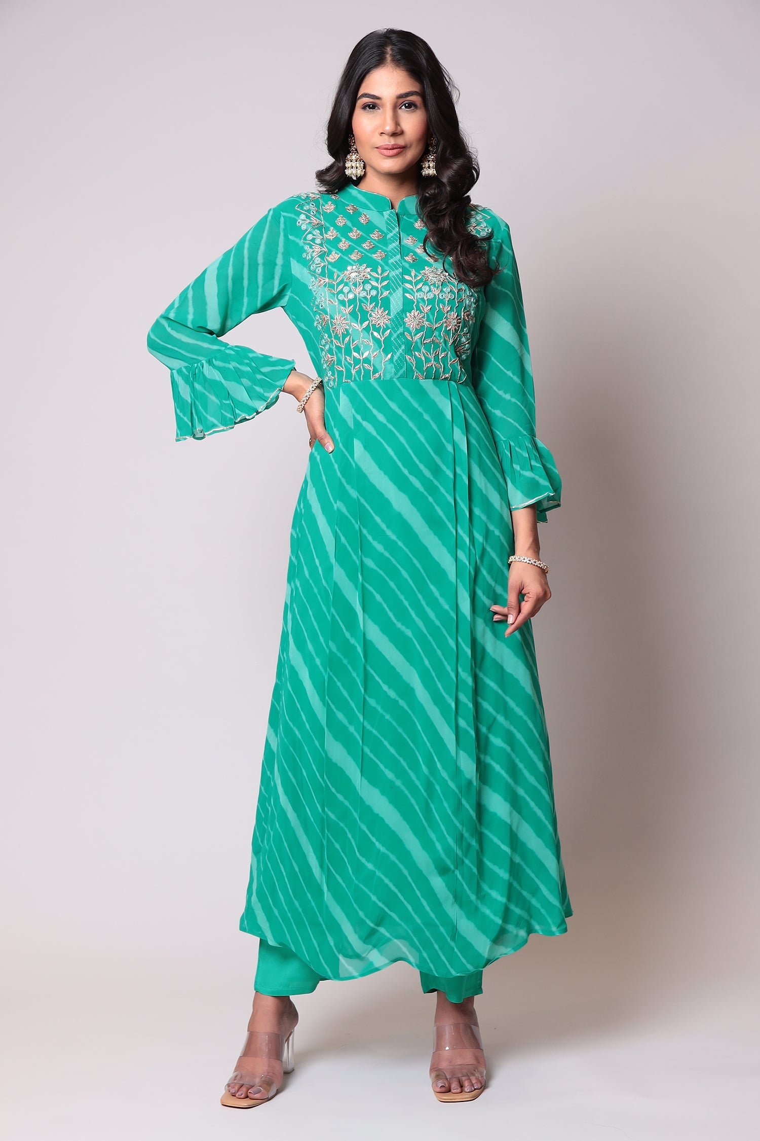 Leheriya Georgette Suit with Gota Patti work.