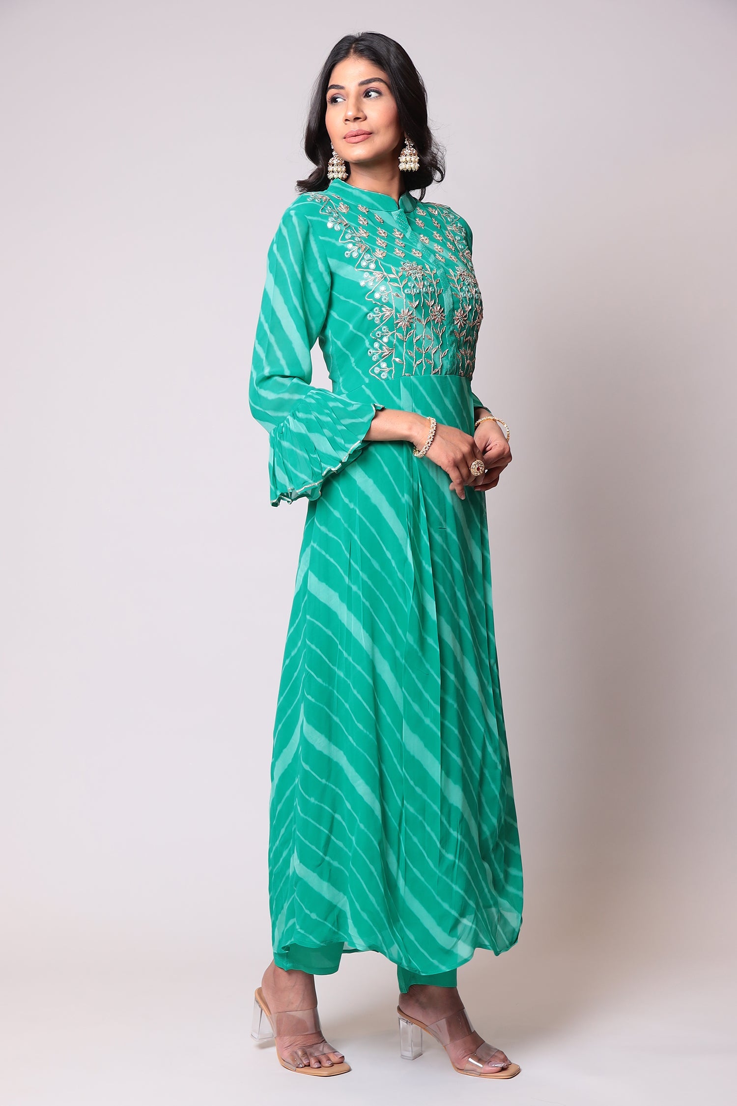 Leheriya Georgette Suit with Gota Patti work.