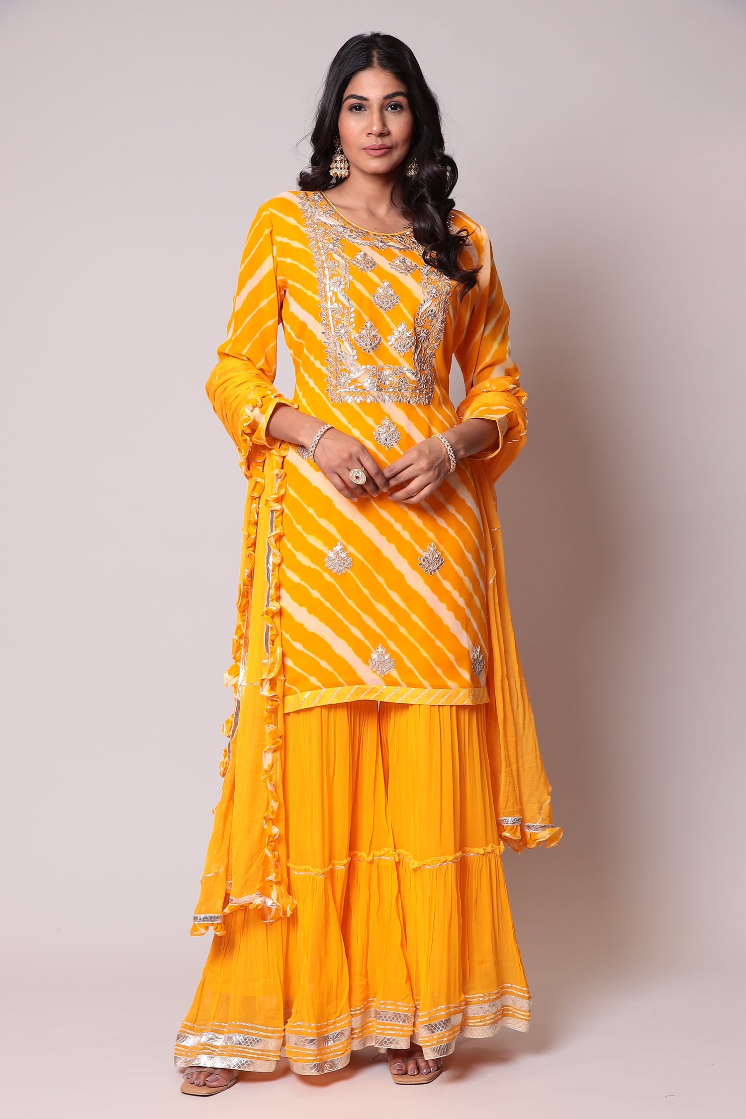 Leheriya Georgette Sharara Suit with Gota Patti work.