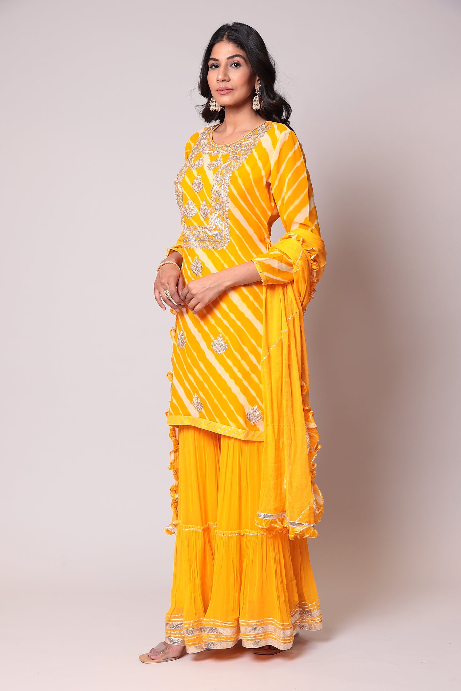 Leheriya Georgette Sharara Suit with Gota Patti work.
