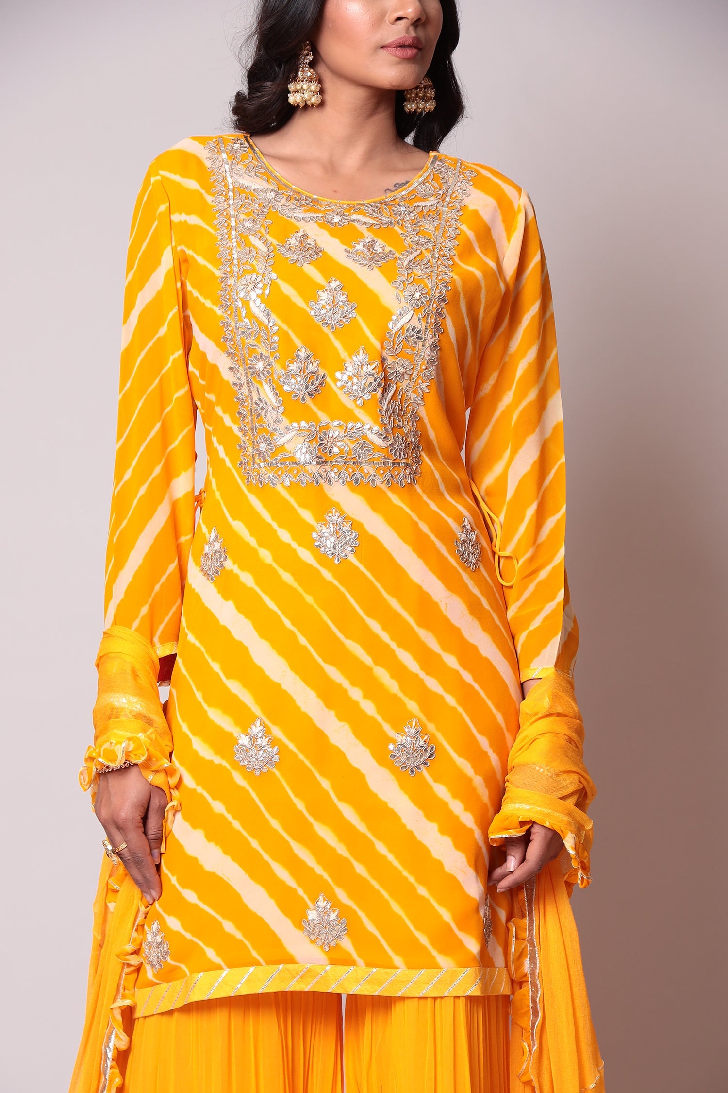 Leheriya Georgette Sharara Suit with Gota Patti work.