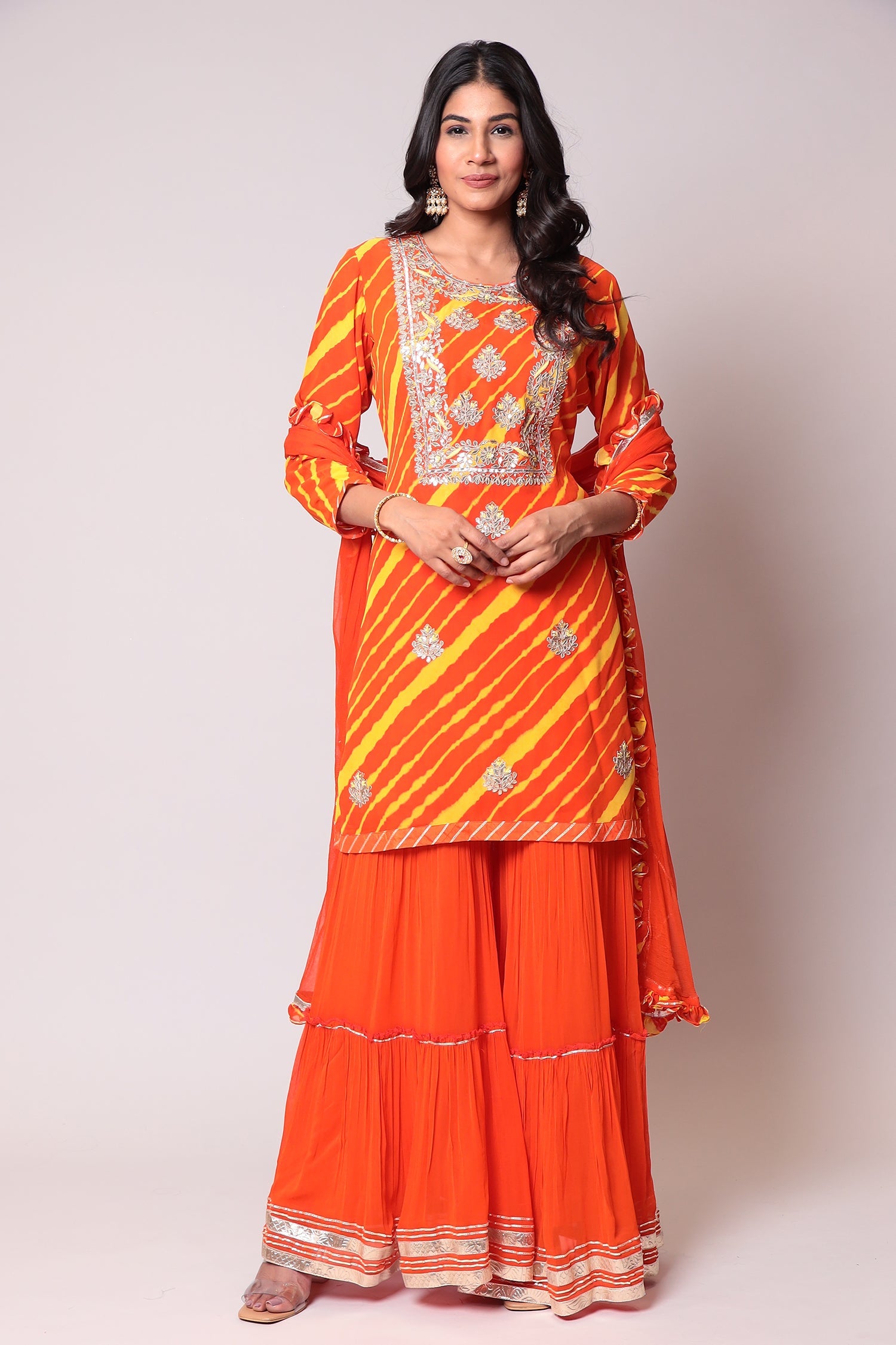 Leheriya Georgette Sharara Suit with Gota Patti work.