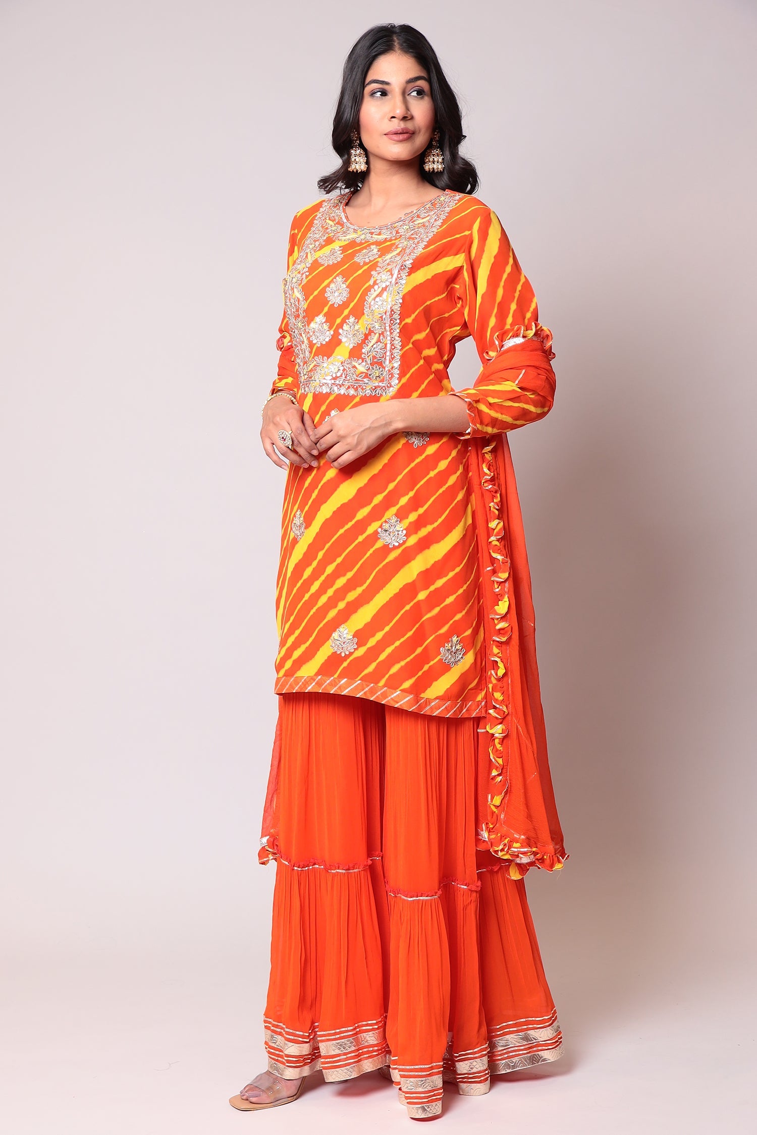 Leheriya Georgette Sharara Suit with Gota Patti work.