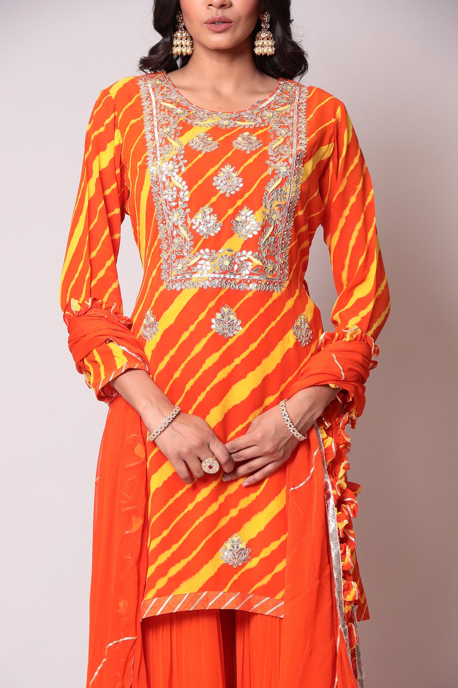 Leheriya Georgette Sharara Suit with Gota Patti work.