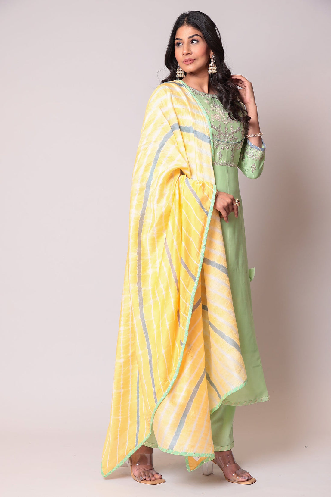 Leheriya Chanderi Suit with Pittan work.