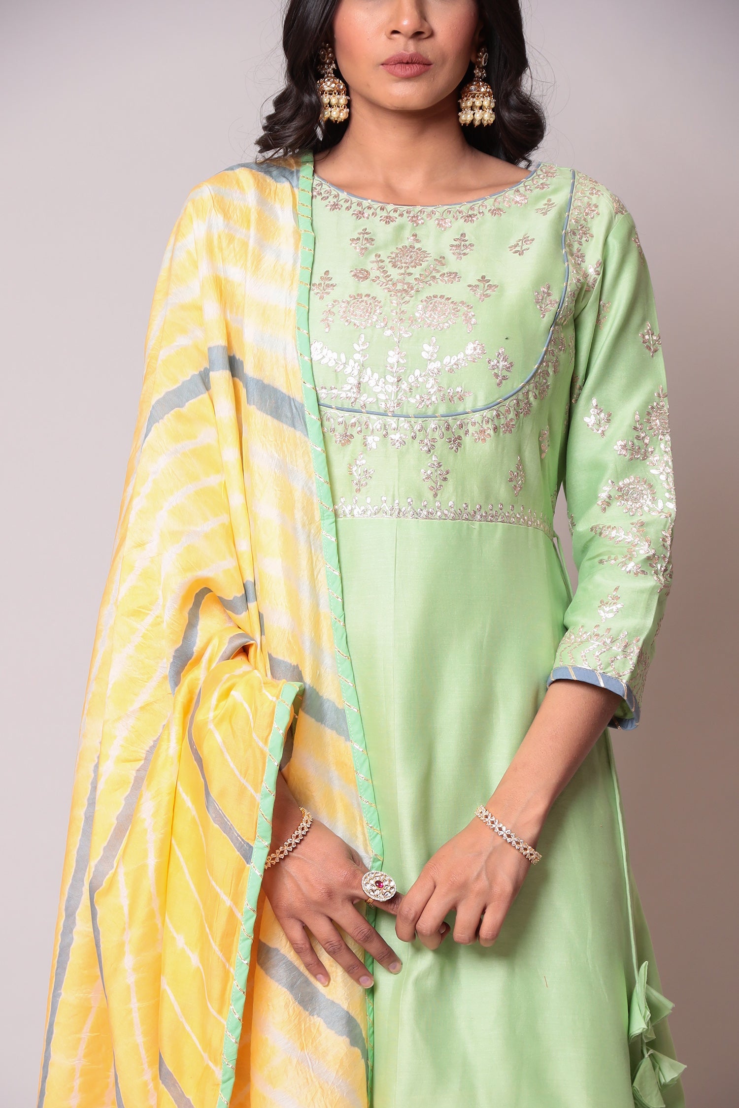 Leheriya Chanderi Suit with Pittan work.