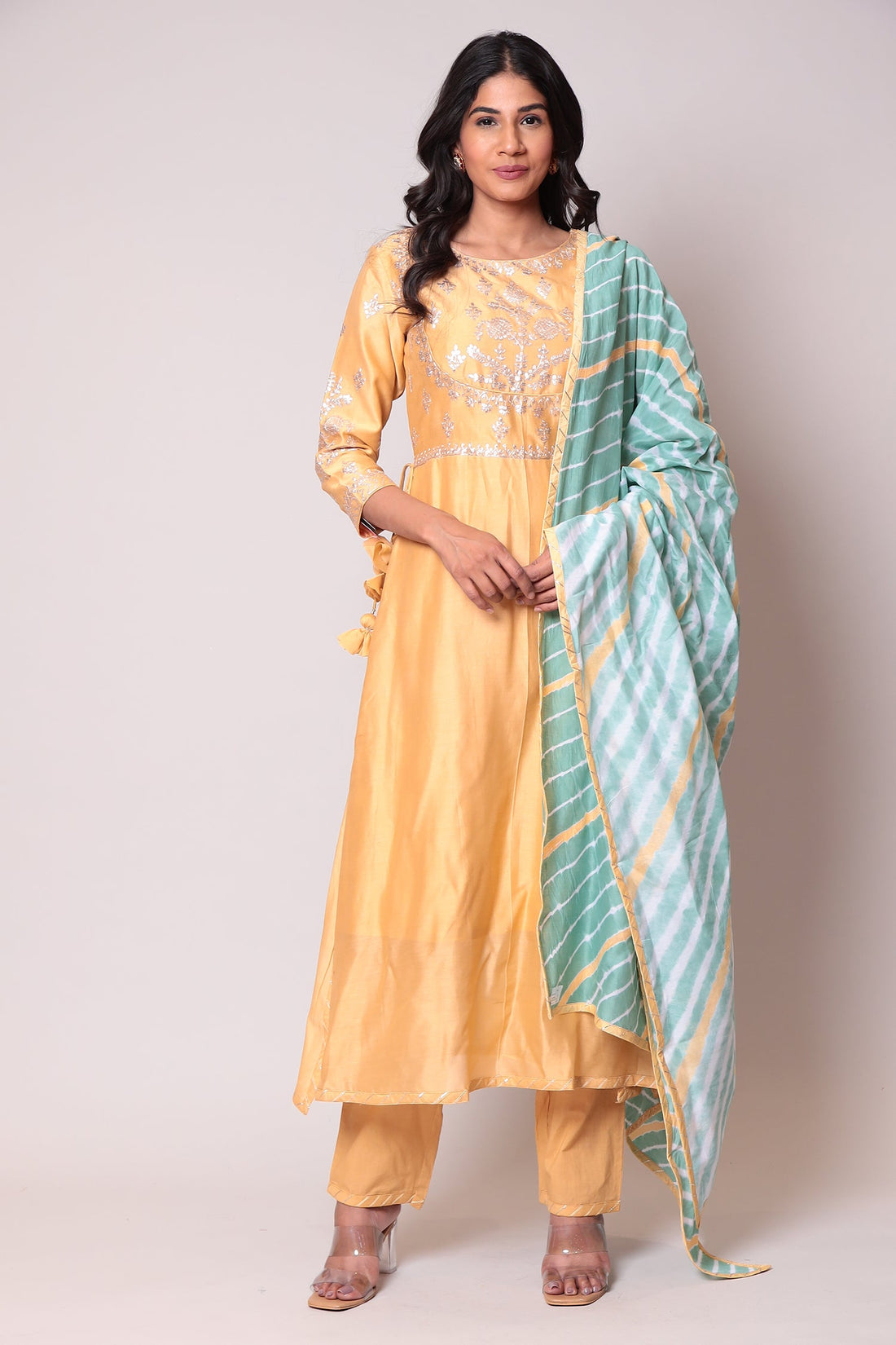 Leheriya Chanderi Suit with Pittan work.