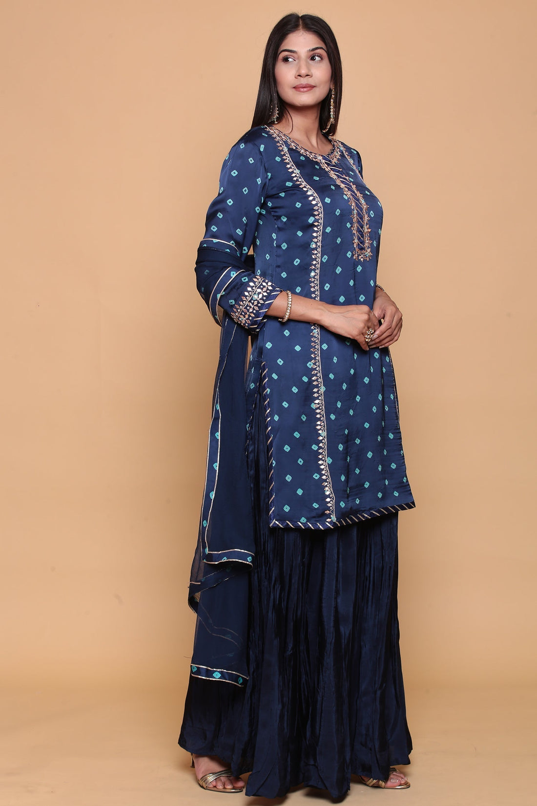 Bandhej Satin silk Suit  with Gota work.