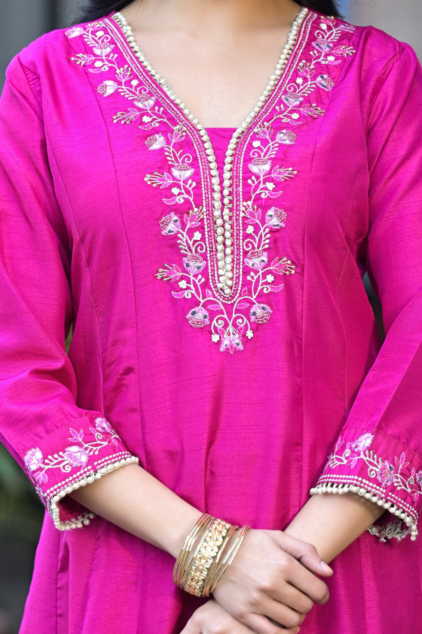 Silk Anarkali Kurta Set with Pearl and Embroidered work
