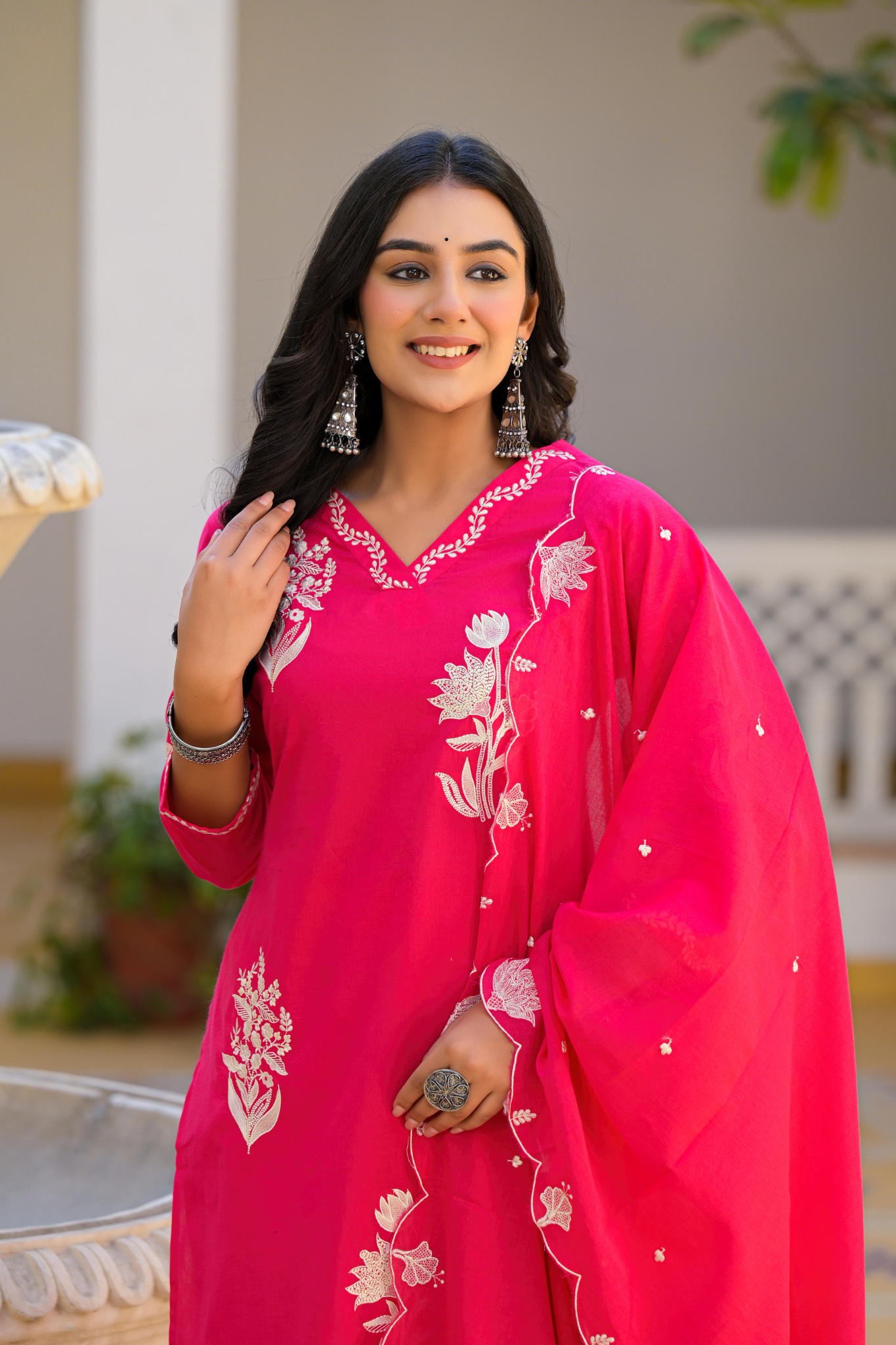 Silk Blend Kurta Stitched Set (3Pc) with Thread Work