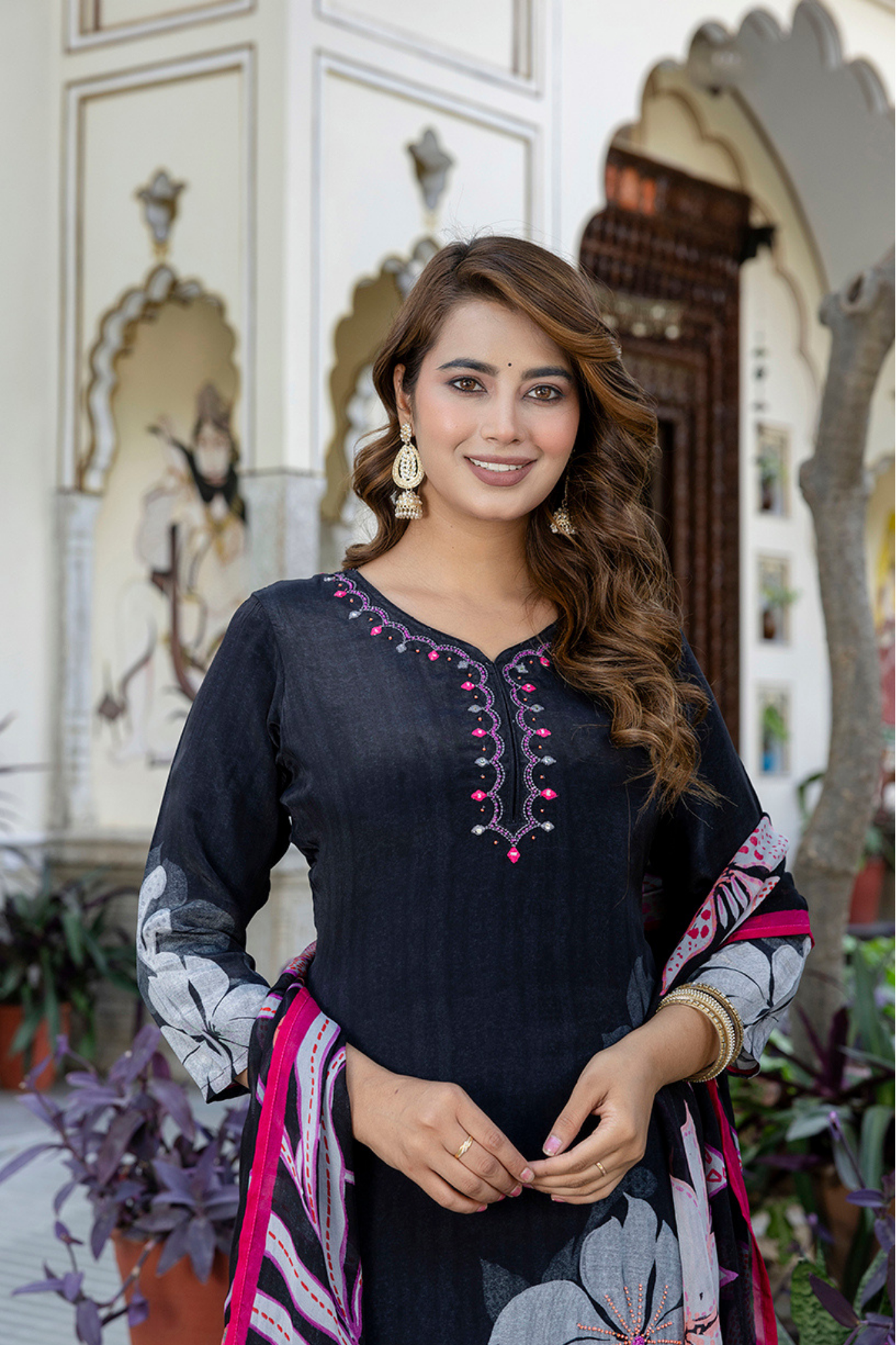 Printed Silk Blend Kurta Set with Embroidered work