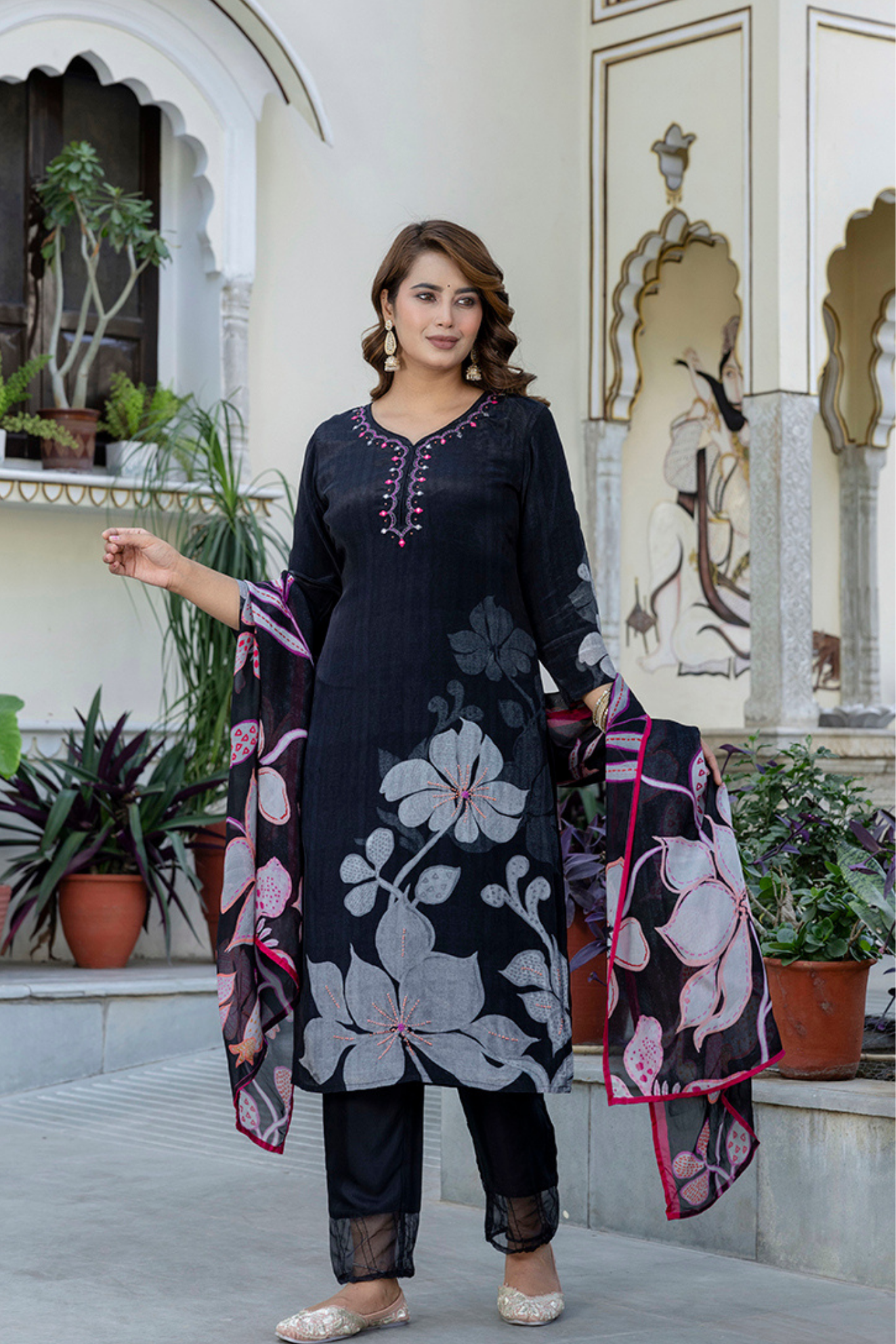 Printed Silk Blend Kurta Set with Embroidered work