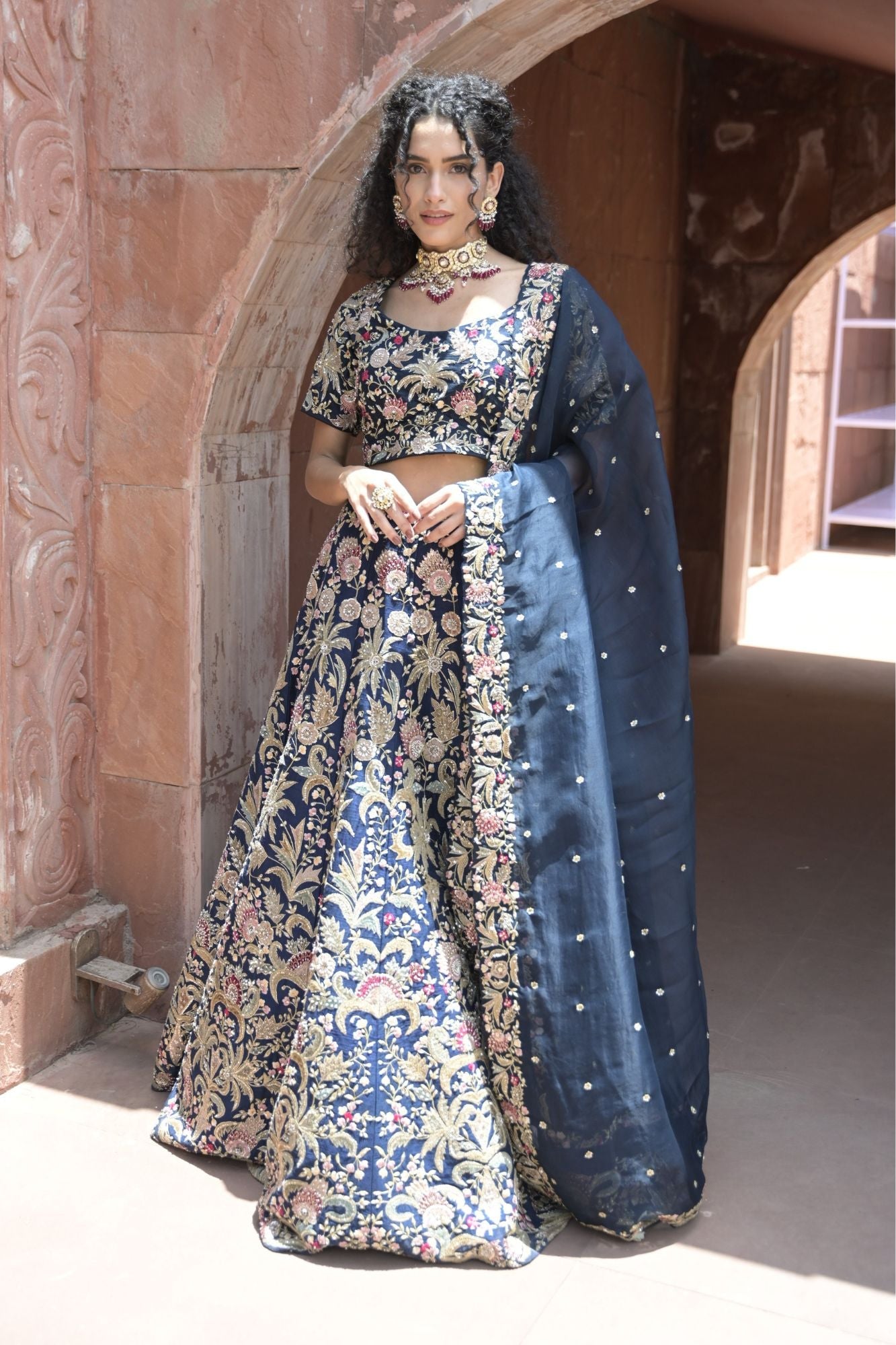 Exquisite Embroidered Raw Silk Lehenga adorned with Sequins and Thread Work