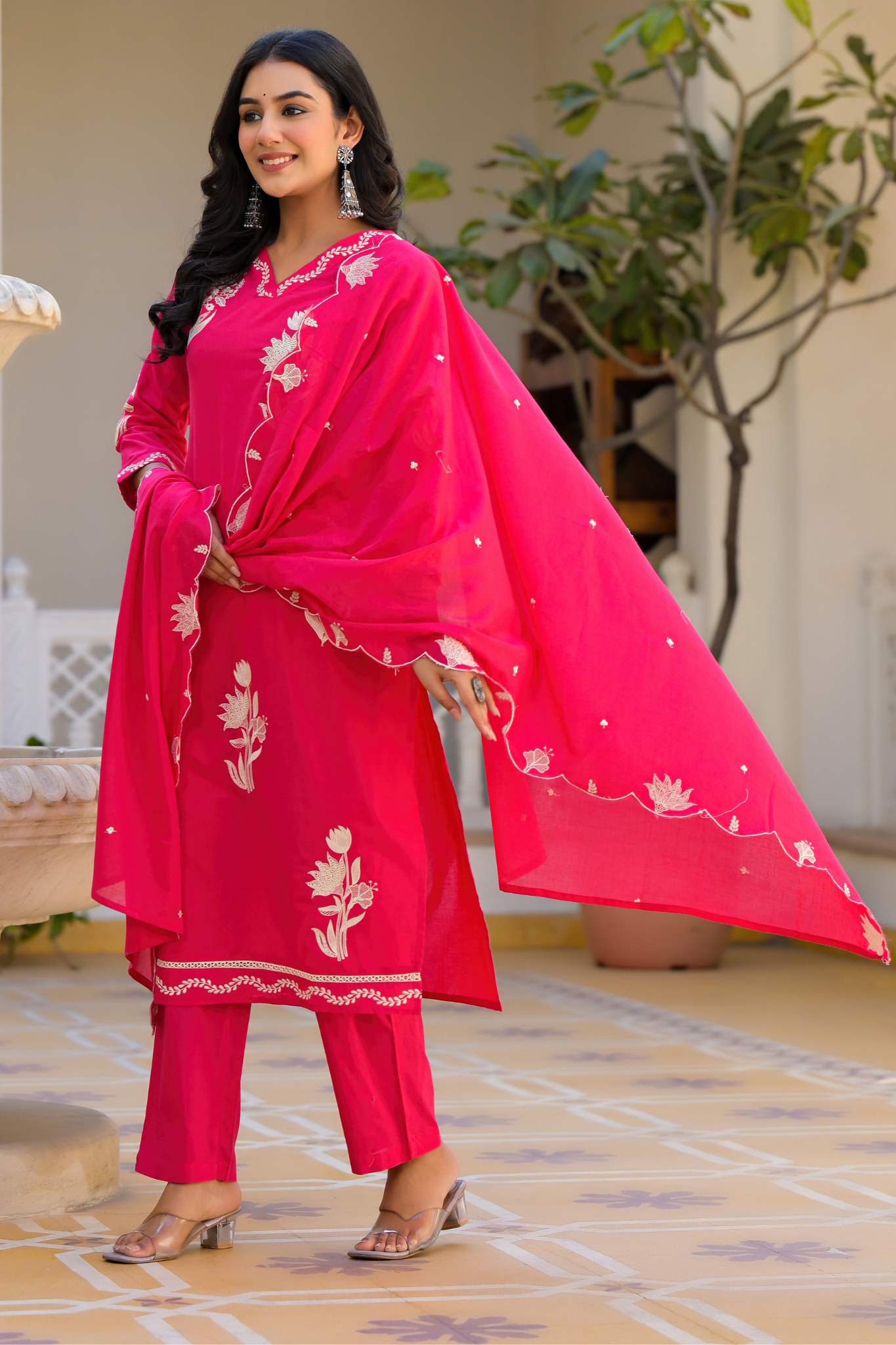 Silk Blend Kurta Stitched Set (3Pc) with Thread Work