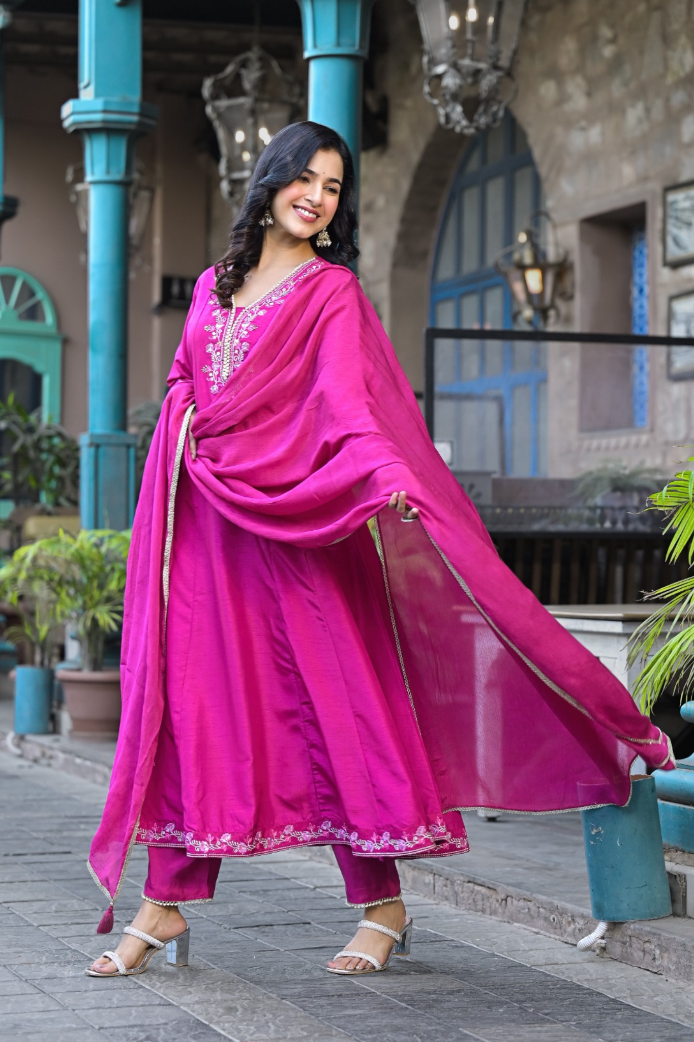 Silk Anarkali Kurta Set with Pearl and Embroidered work