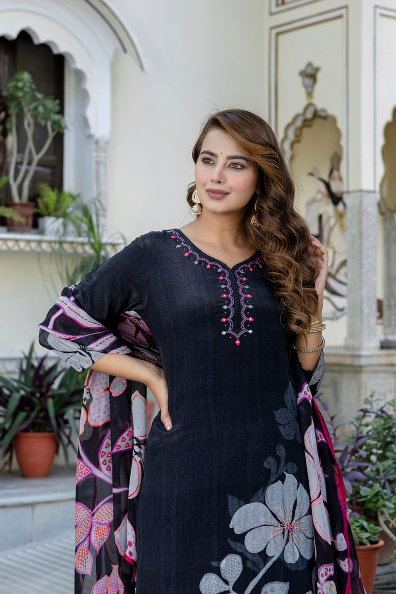 Printed Silk Blend Kurta Set with Embroidered work