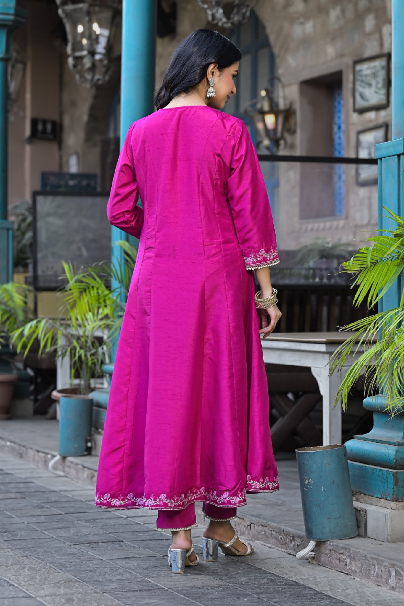 Silk Anarkali Kurta Set with Pearl and Embroidered work