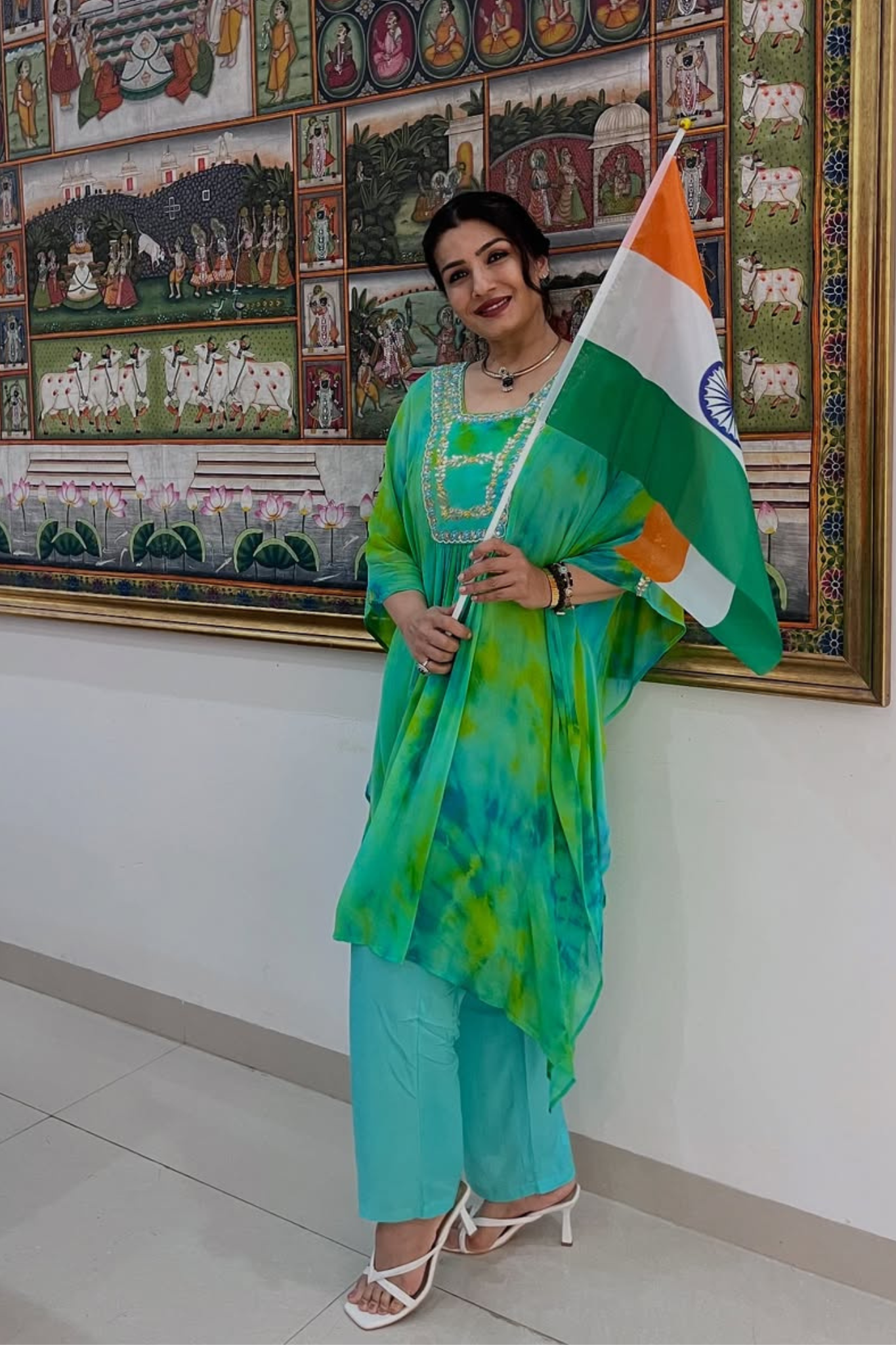 Tie & Dye Kaftan Silk Suit Embroidered with Gota Patti, Thread and Zardozi work