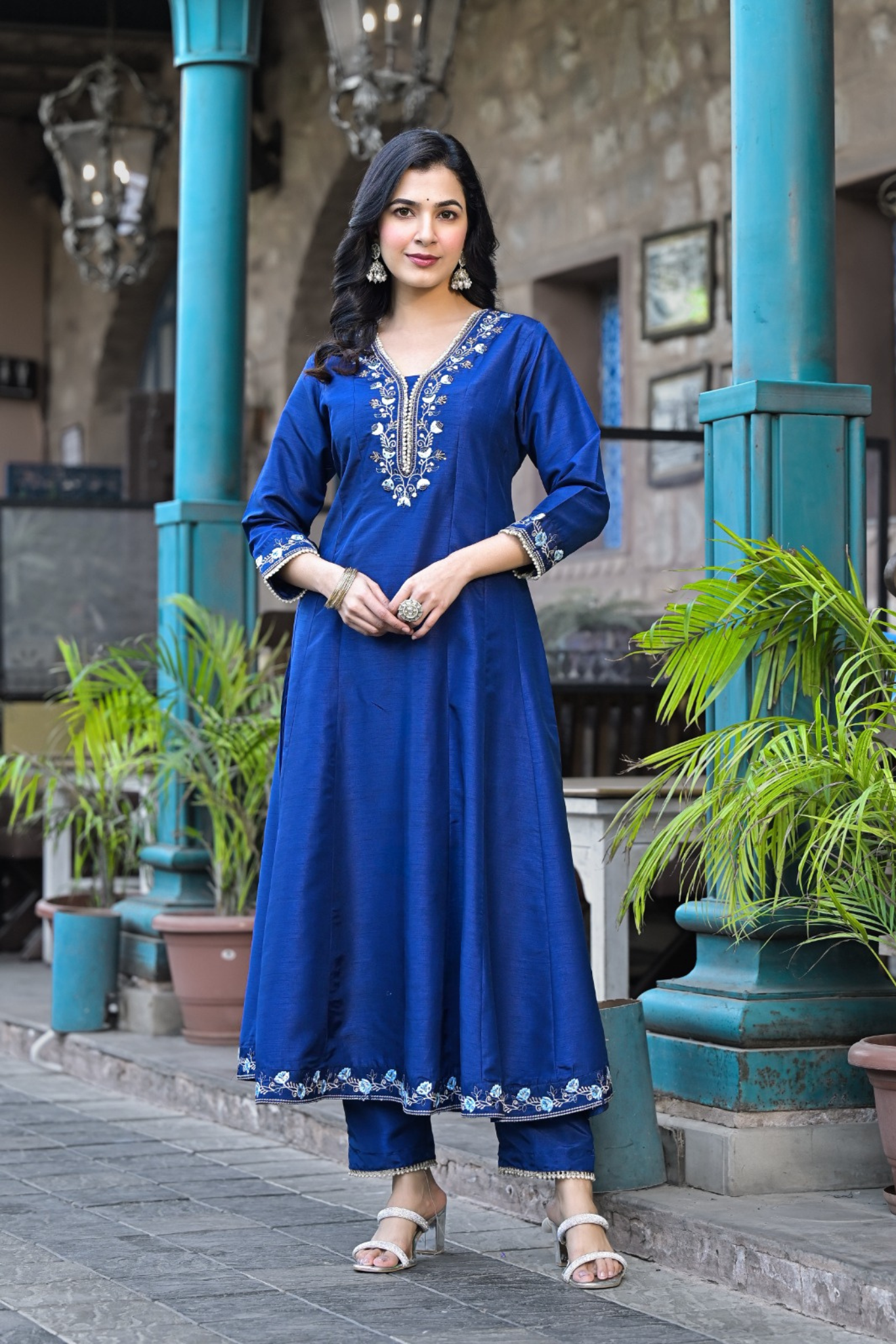 Silk Anarkali Kurta Set with Pearl and Embroidered work
