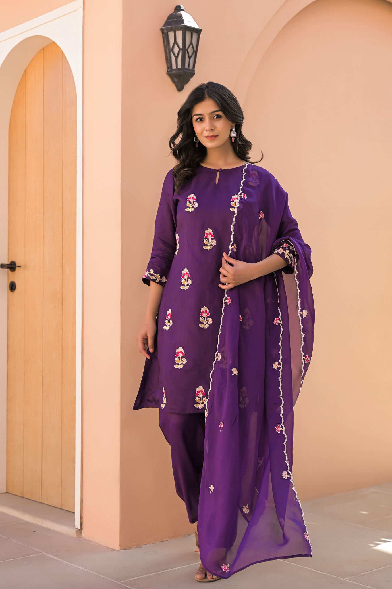 Silk Blend Kurta Stitched Set (3Pc) with Thread Work