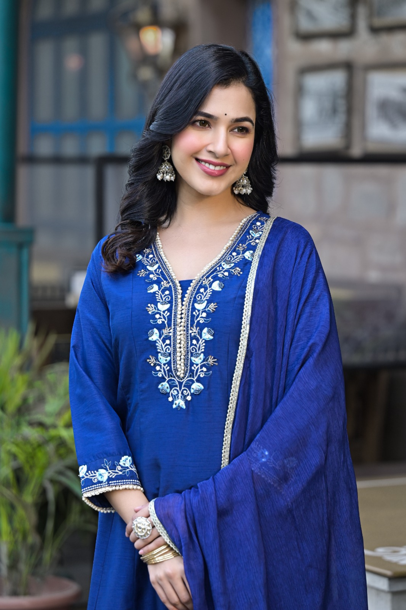 Silk Anarkali Kurta Set with Pearl and Embroidered work