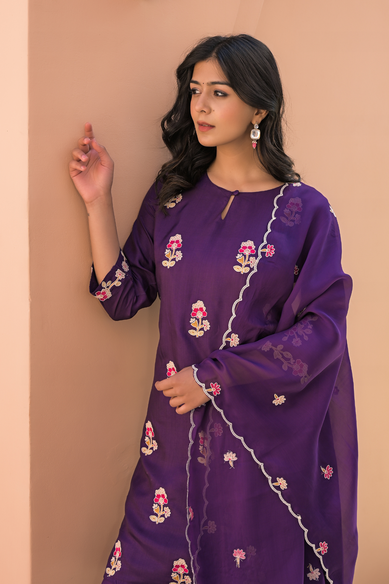 Silk Blend Kurta Stitched Set (3Pc) with Thread Work