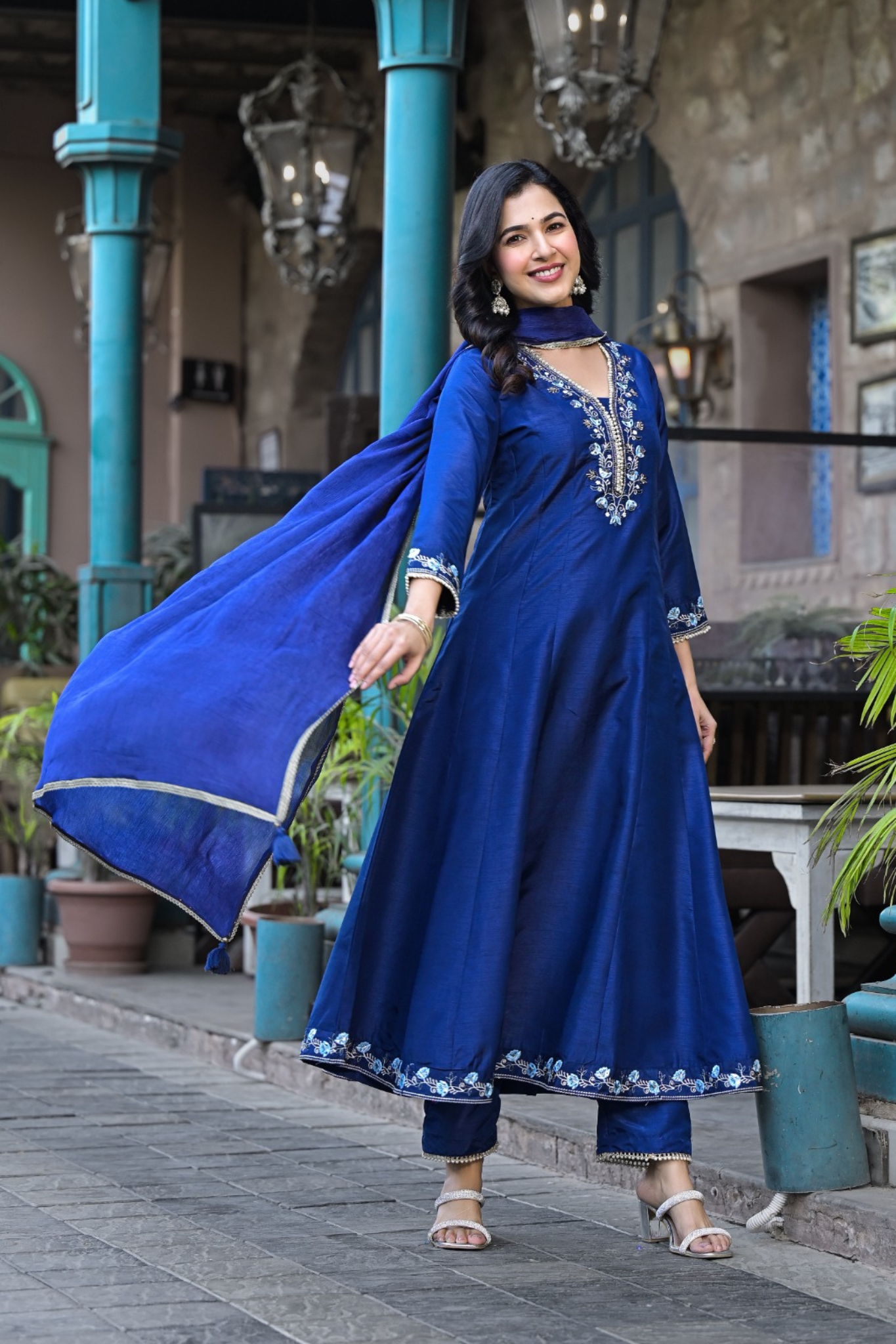 Silk Anarkali Kurta Set with Pearl and Embroidered work