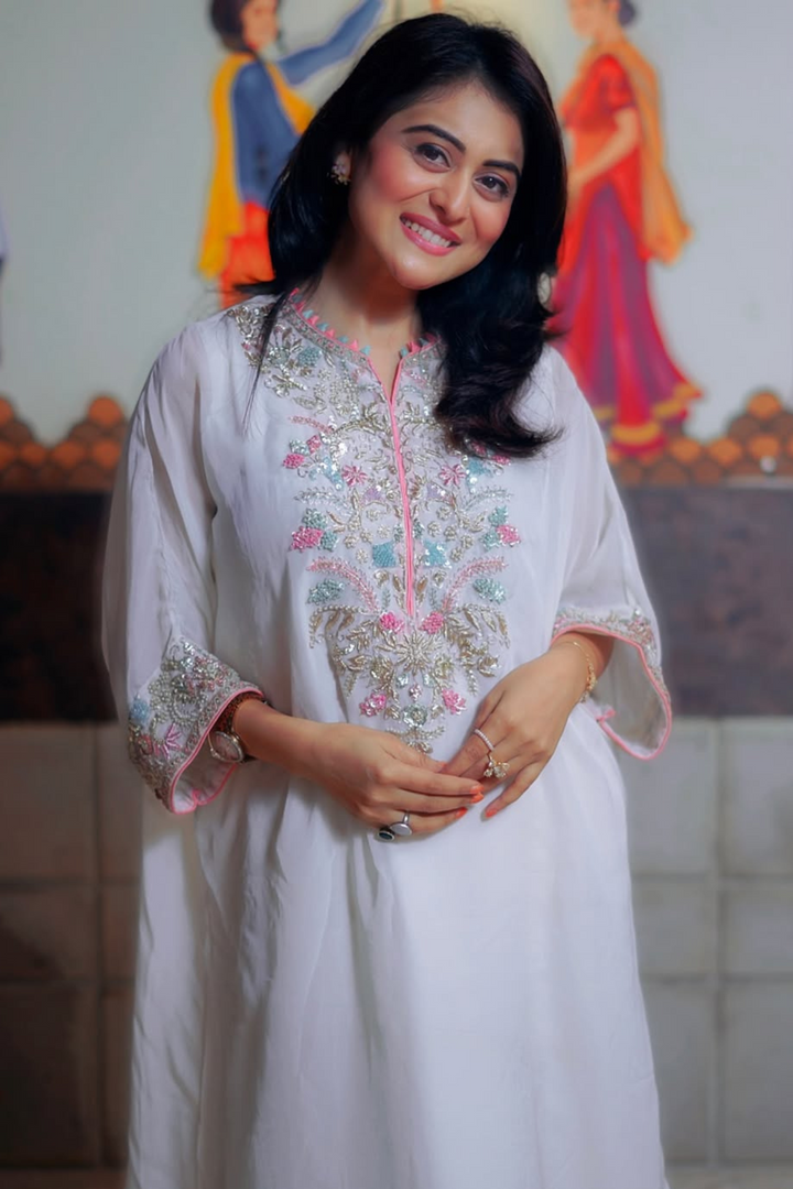 Pure Organza Kaftan Suit with Pearl, Thread and Zardozi work